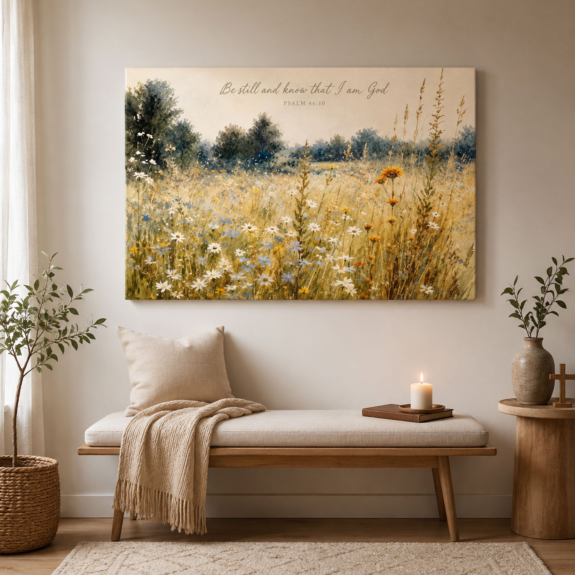 Be Still Psalm 46:10 Canvas Print, Wildflower Christian Scripture Wall Art, Peaceful Faith Home Decor