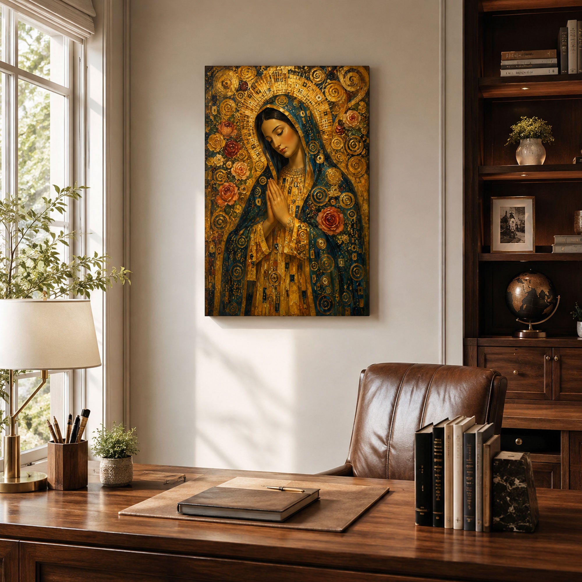 Praying Virgin Mary Canvas Print, Golden Floral Catholic Wall Decor, Marian Faith Gift