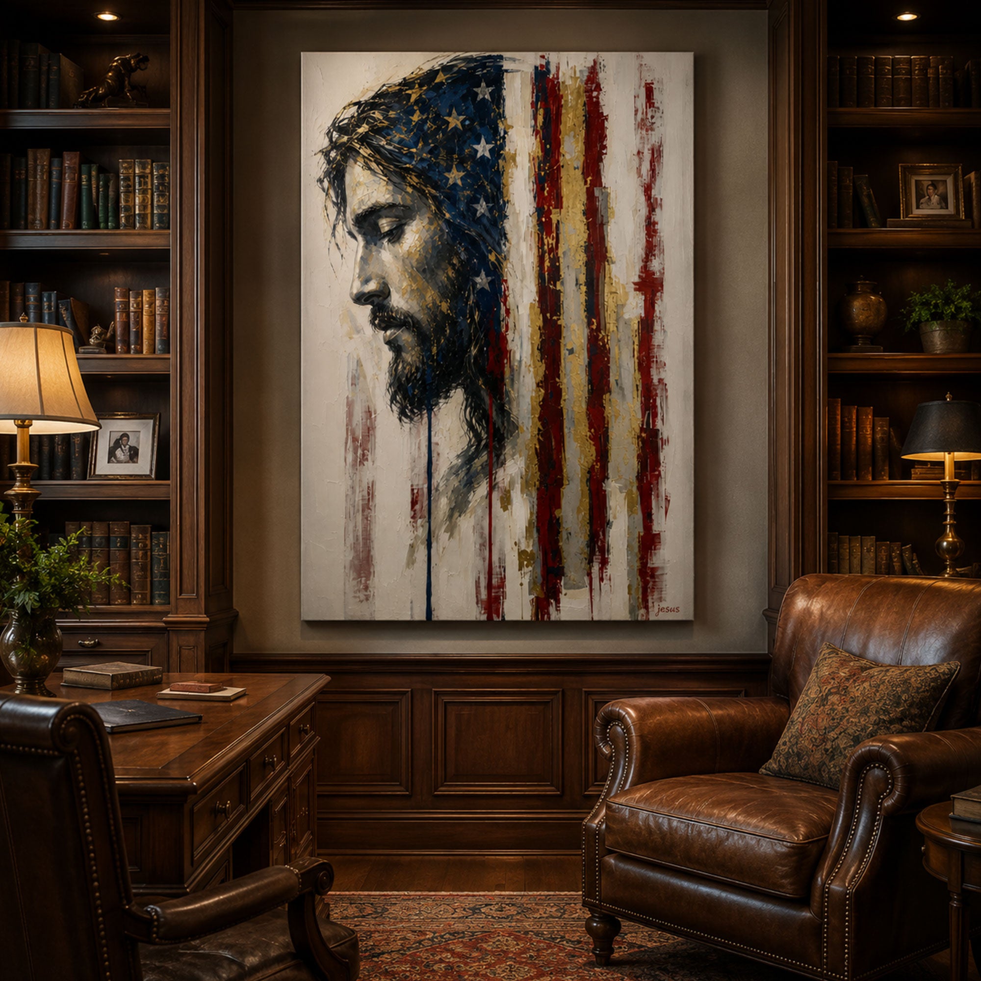 Patriotic Jesus American Flag Canvas Print, Christian USA Wall Art, Modern Faith Home Decor