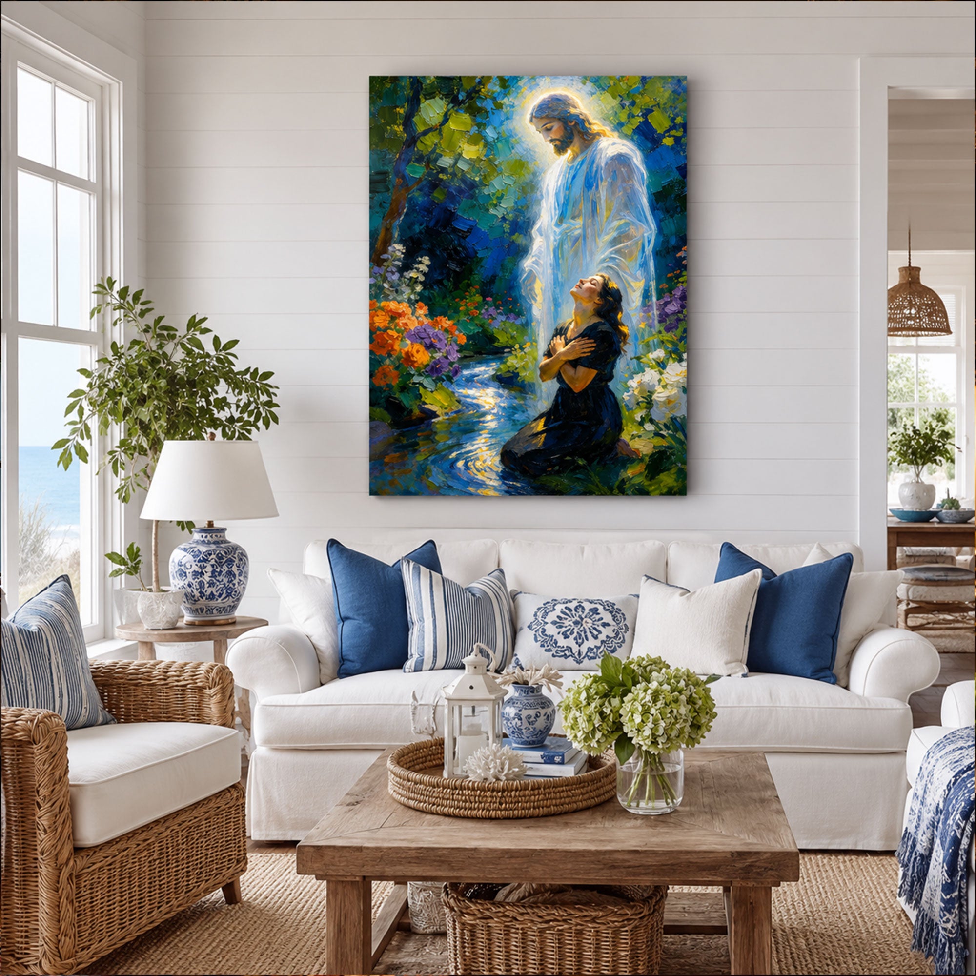 Vision of Christ Jesus Canvas Print, Ethereal Garden Oil Painting, Spiritual Christian Wall Art for Healing and Peace