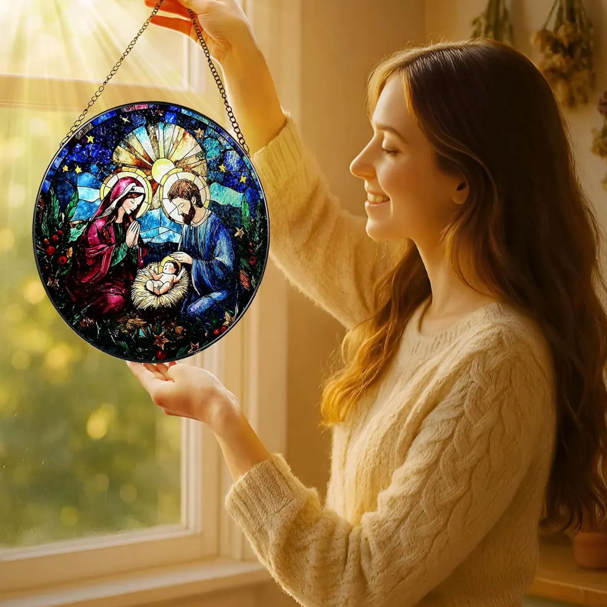 Nativity Stained Glass Suncatcher, Holy Family Window Hanging, Christian Christmas Decor Gift