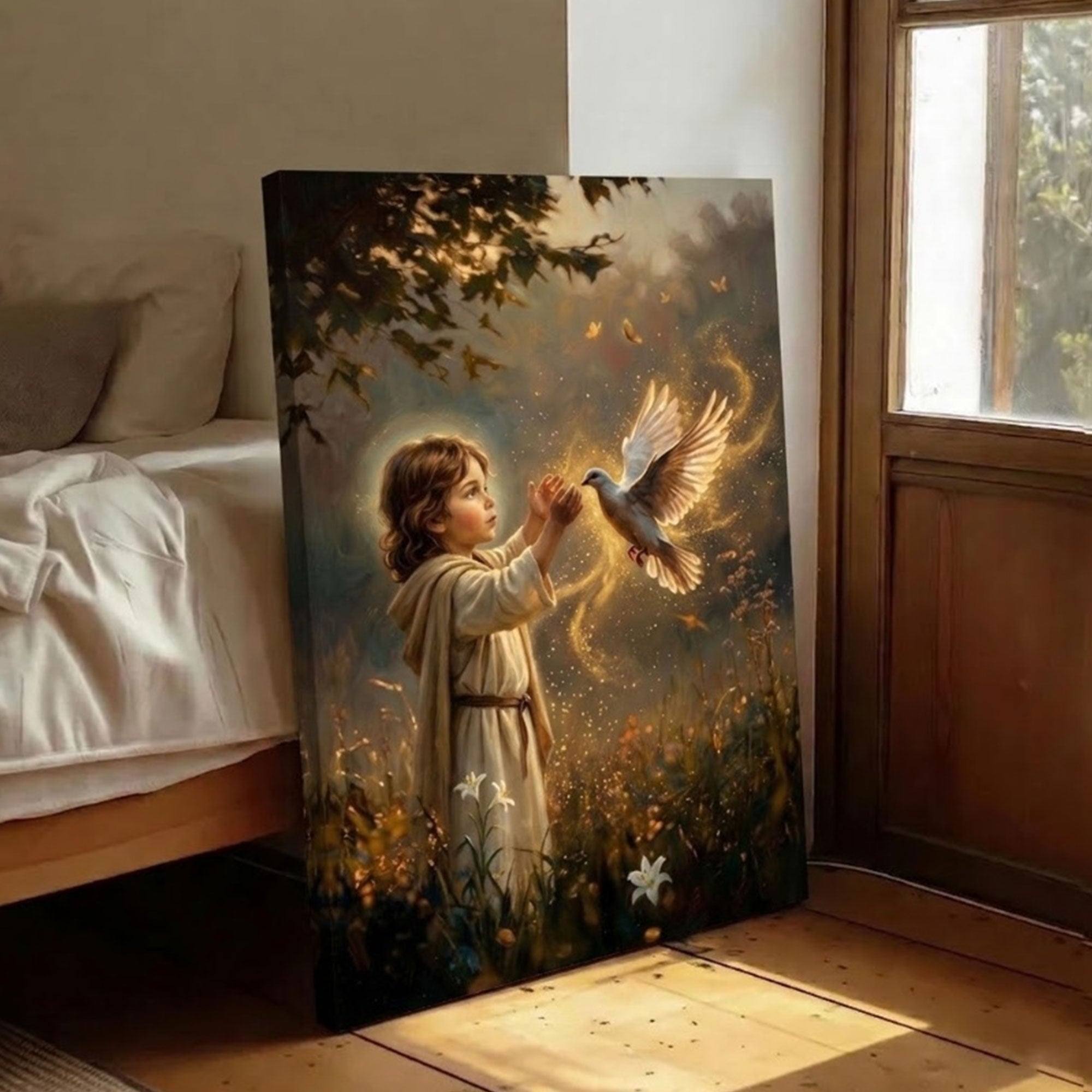 Child with Holy Spirit Dove Canvas Print, Christian Faith Wall Art, Symbol of Innocence and Divine Presence, Spiritual Light Decor, Inspirational Gift