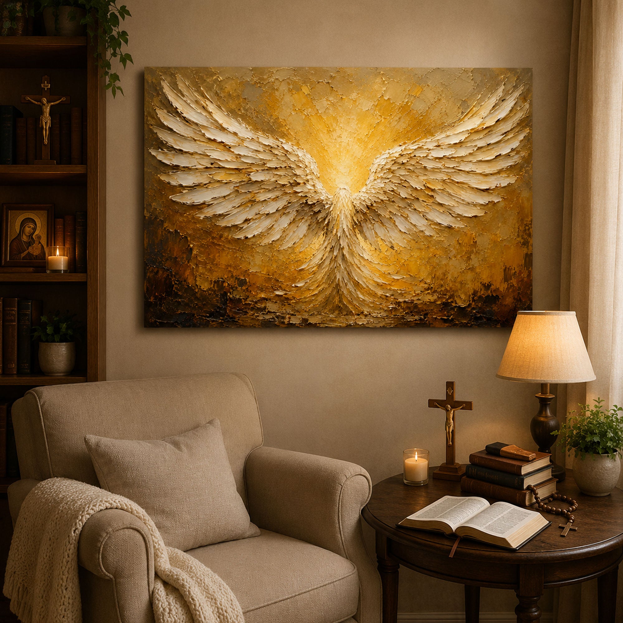 Golden Angel Wings Canvas Print, Catholic Christian Wall Art, Faith Home Decor