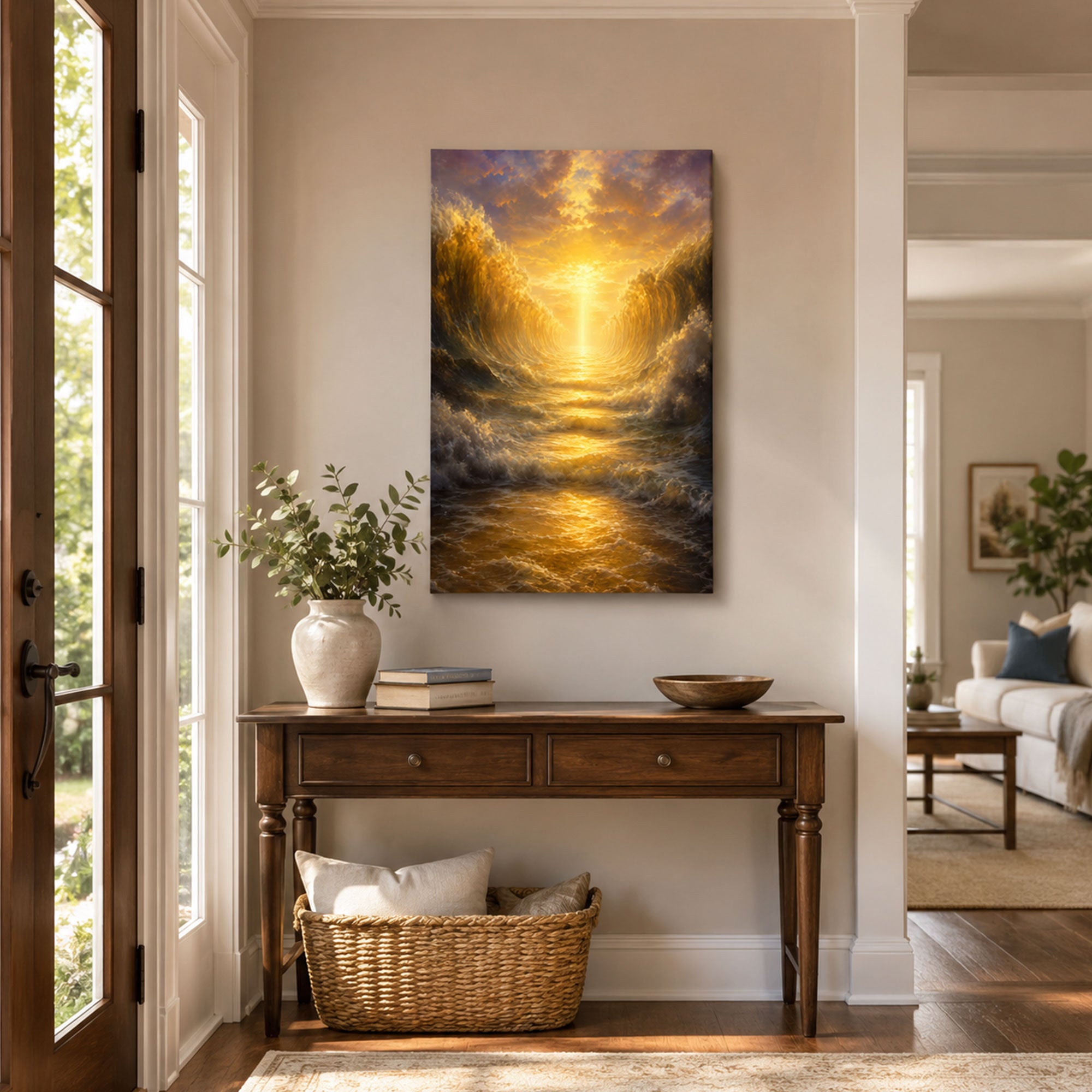 Parting of the Red Sea Canvas Print, Biblical Miracle Wall Art, Golden Light Christian Faith Home Decor Gift