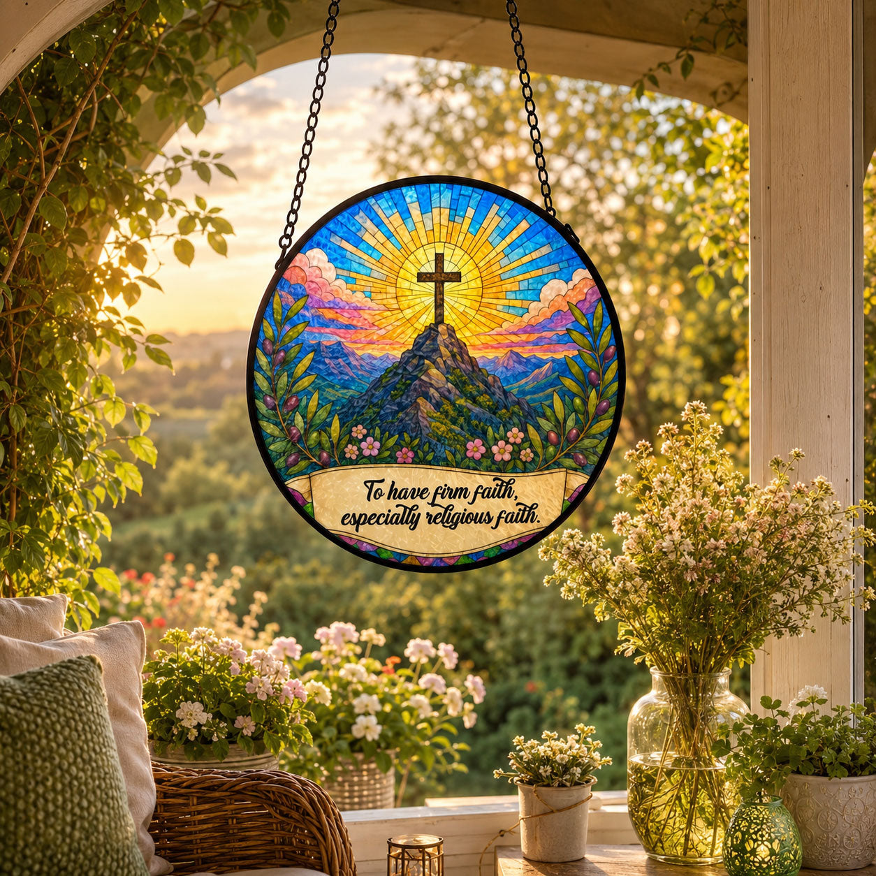Firm Faith Christian Cross Suncatcher, Mountain Sunrise Window Hanging, Inspirational Religious Gift