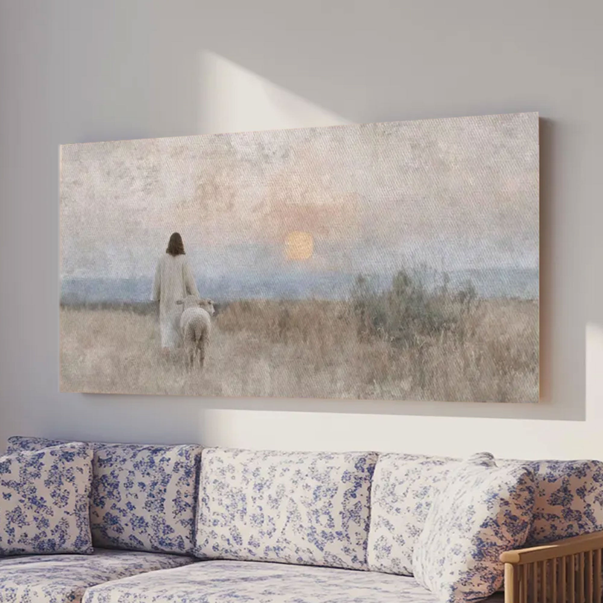 Sunset Shepherd Framed Canvas Print, Christian Wall Art, Jesus Shepherd Artwork, Religious Home Decor, Christmas Gift