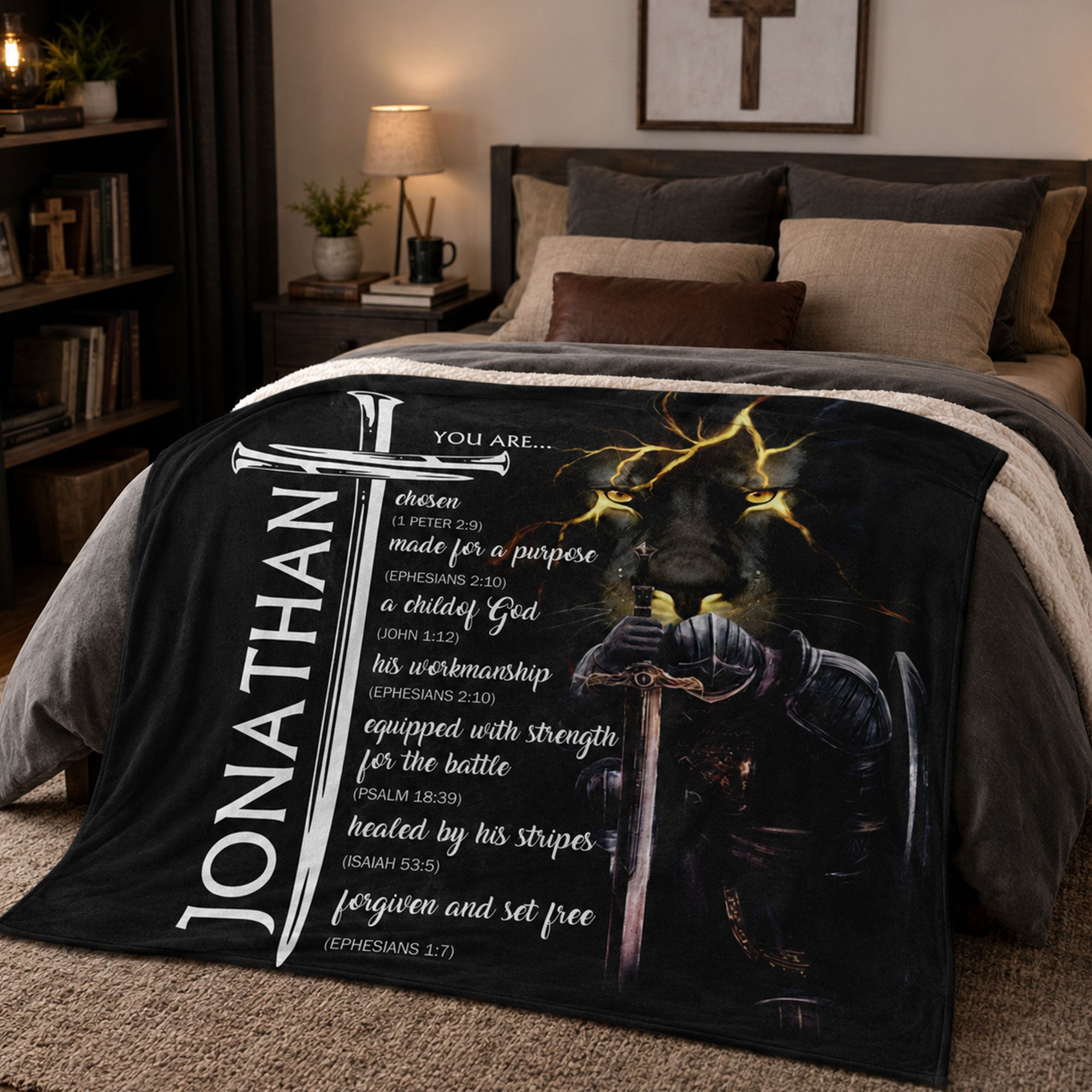 Personalized Christian Lion Fleece Blanket, Custom Name Bible Verse Throw, Faith Gift for Men