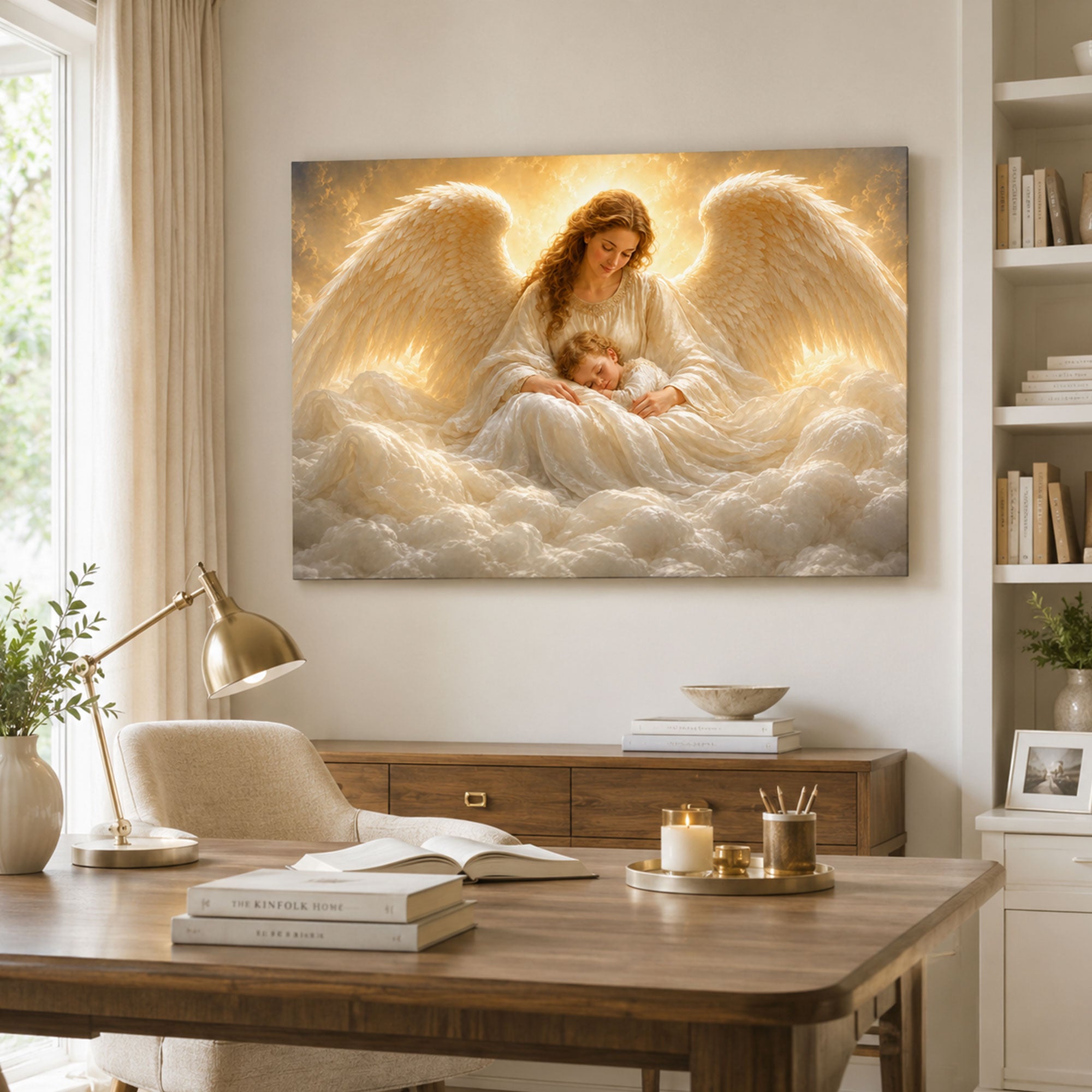 Guardian Angel with Sleeping Child Canvas Print, Heavenly Christian Nursery Wall Art, Baptism Gift