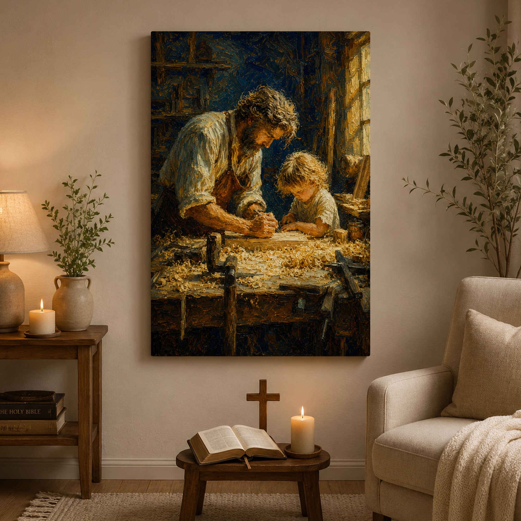 Saint Joseph Teaching Child Jesus Canvas Print, Catholic Wall Art, Rustic Faith Home Decor