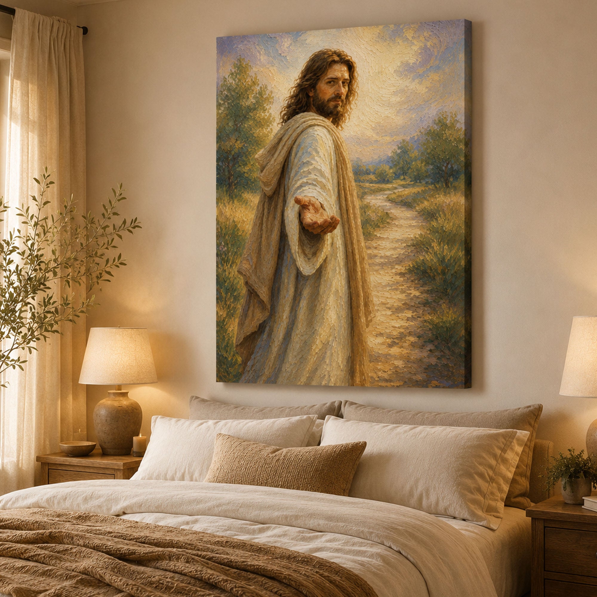 Jesus Reaching Out Canvas Print, Follow Me Christian Wall Art, Peaceful Faith Home Decor