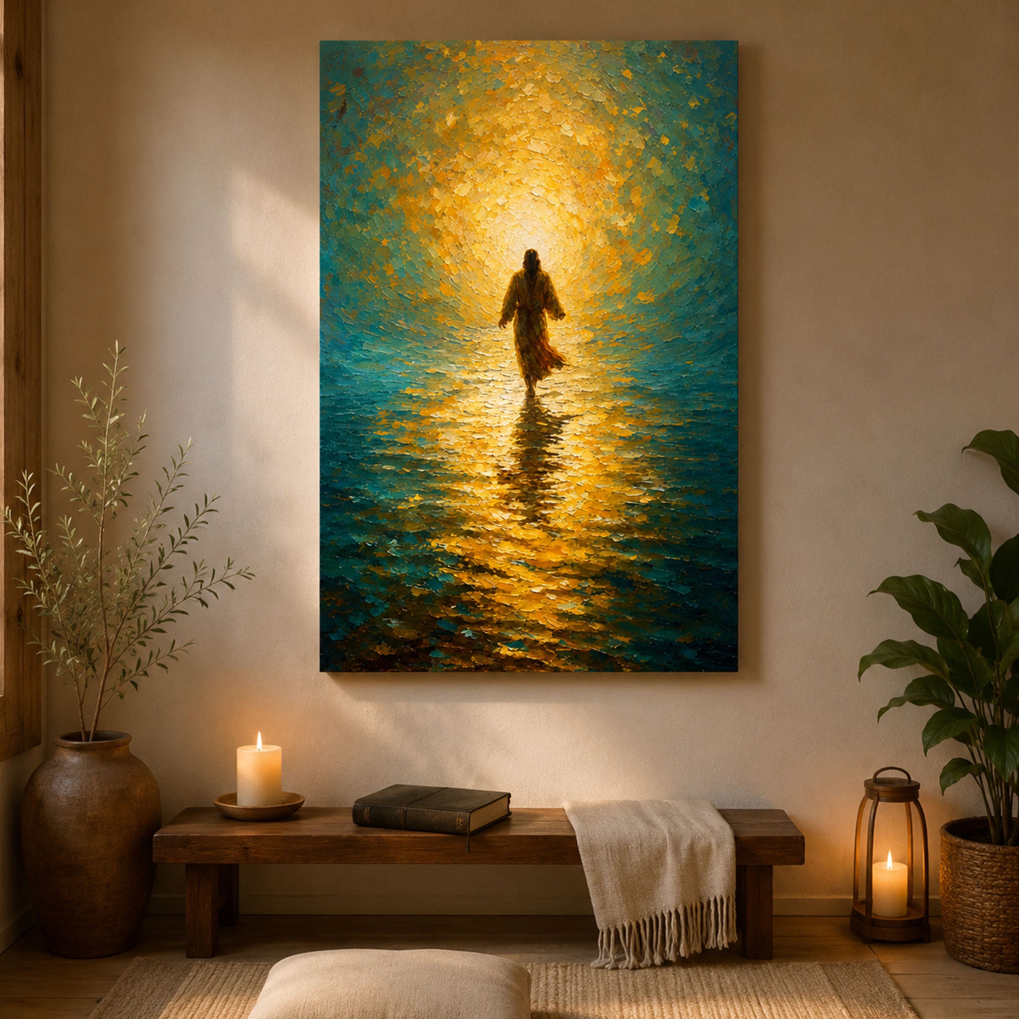 Jesus Walking on Water Canvas Print, Golden Light Christian Wall Art, Faith Home Decor
