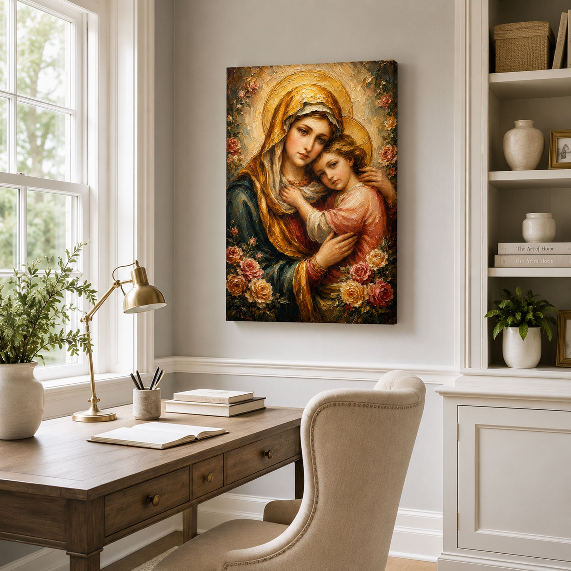 Saint Anne Embracing Young Mary Among Roses Canvas Print, Catholic Decor