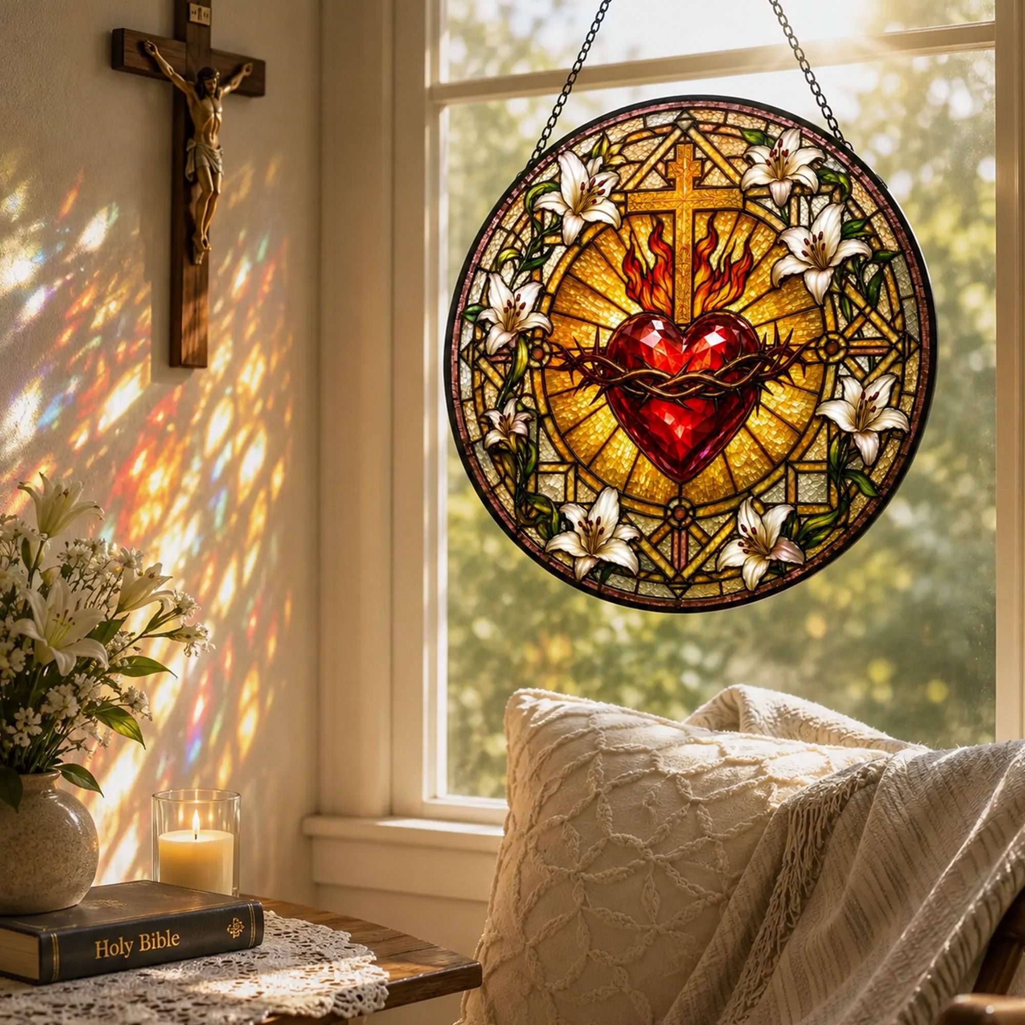 Sacred Heart of Jesus Suncatcher, Crown of Thorns and Lilies Catholic Window Decor, Faith Gift
