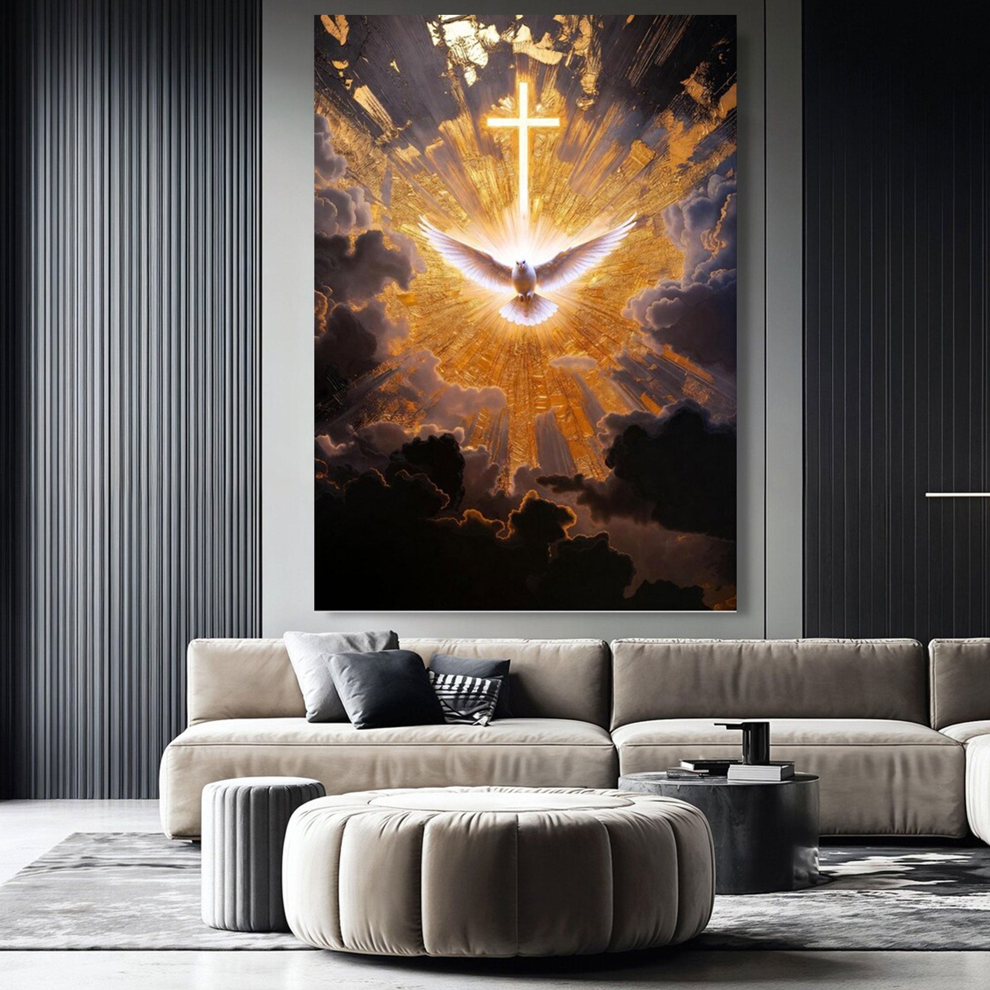 Radiant Holy Spirit Canvas Print, Glowing Cross and Dove Wall Art, Golden Light Christian Decor, Symbol of Divine Presence, Inspirational Faith Gift