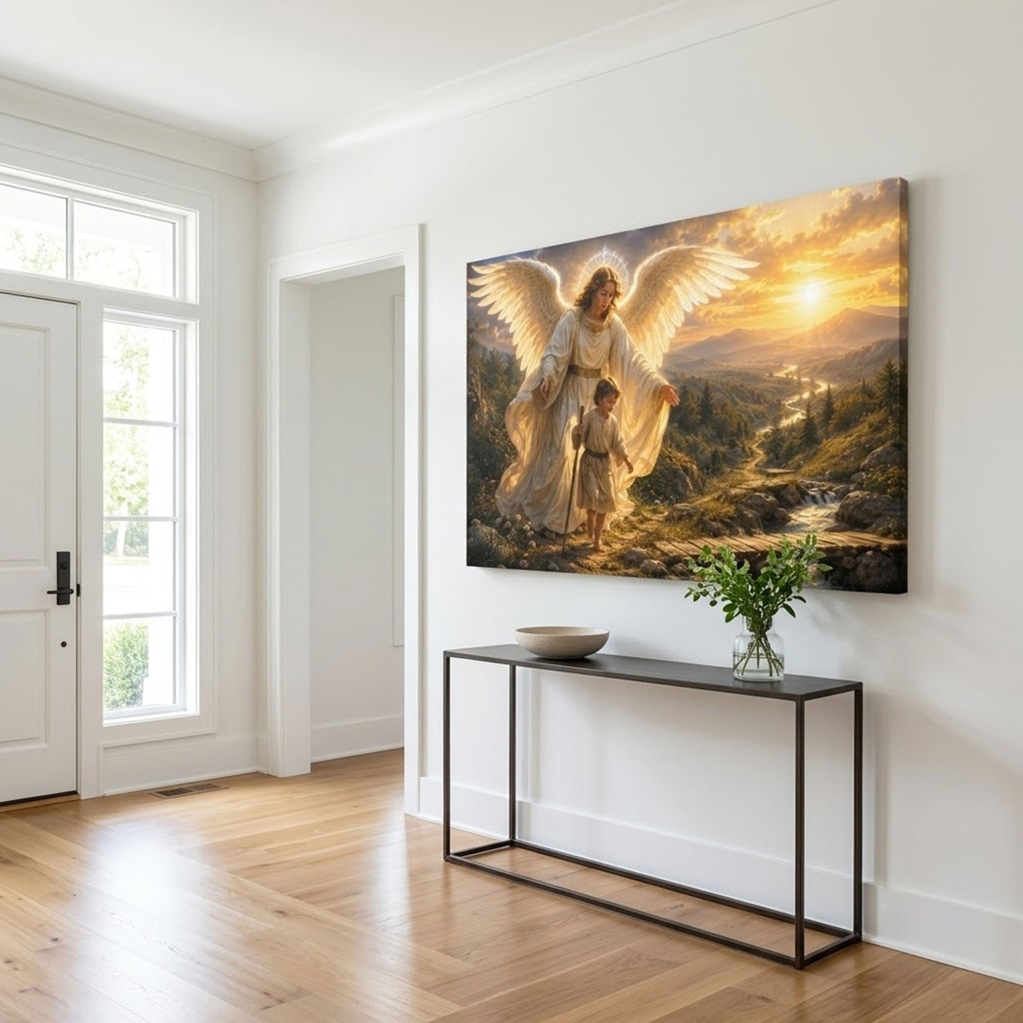 Angel Watching Over Child Canvas Print, Heavenly Christian Wall Art, Golden Sunset Faith Home Decor Gift