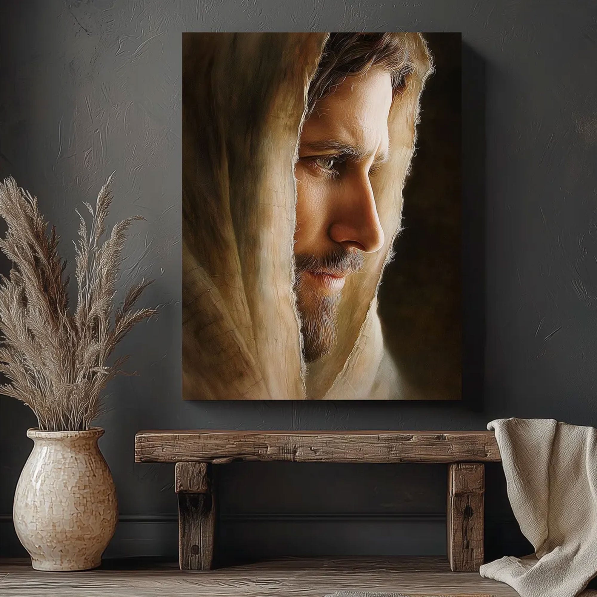 Jesus Christ Face Portrait Canvas Wall Art, Warm Light Christian Decor, Sacred Religious Artwork, Inspirational Faith Home Decor, Spiritual Gift