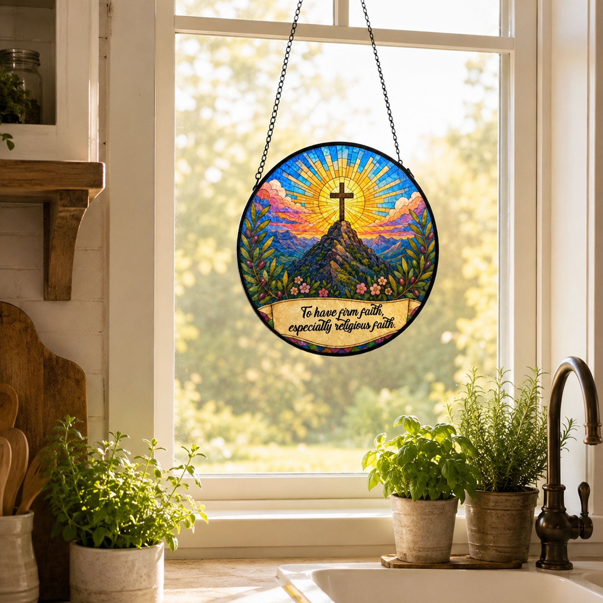 Firm Faith Christian Cross Suncatcher, Mountain Sunrise Window Hanging, Inspirational Religious Gift