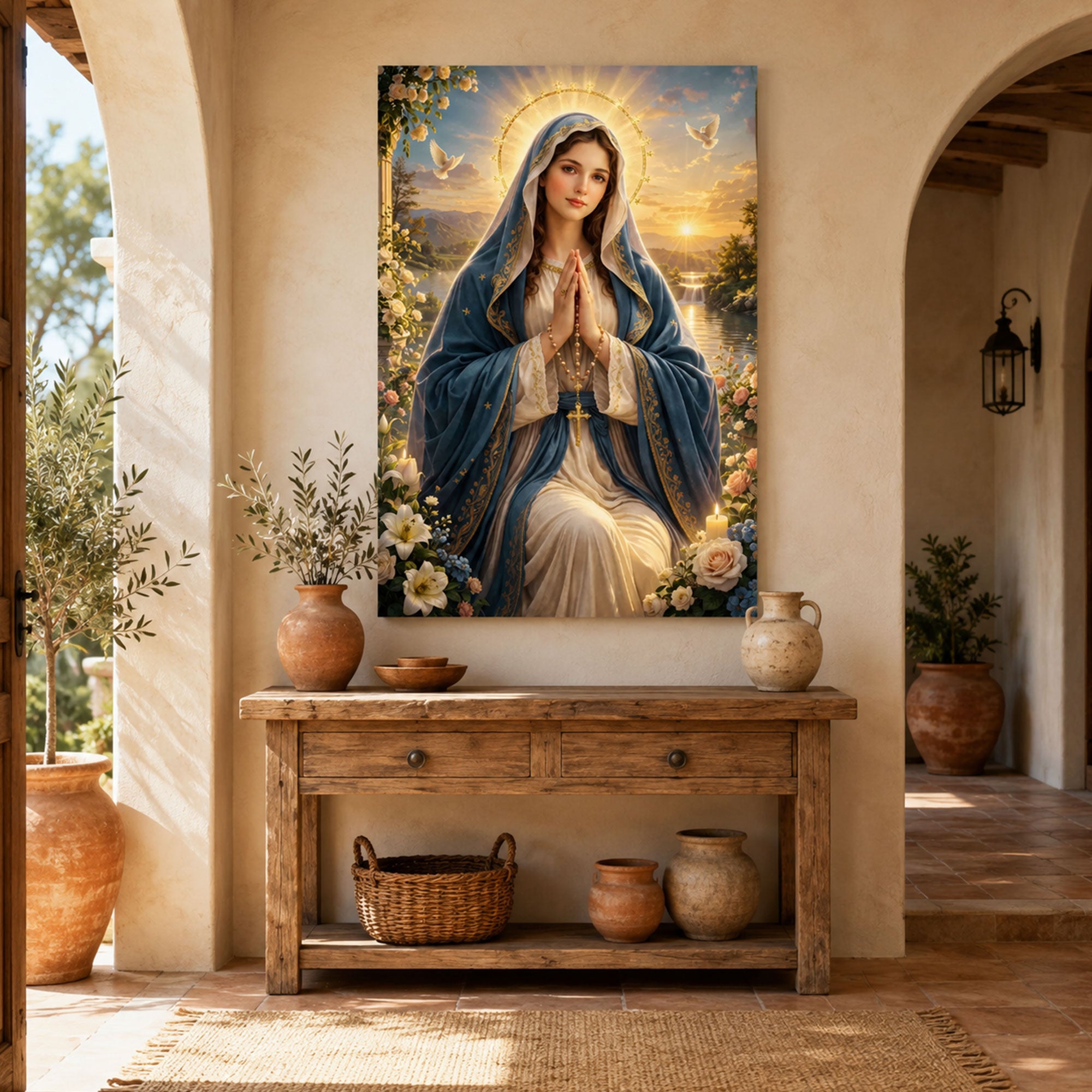 Virgin Mary Canvas Print, Blessed Mother Christian Wall Art, Heavenly Faith Decor, Peaceful Spiritual Artwork