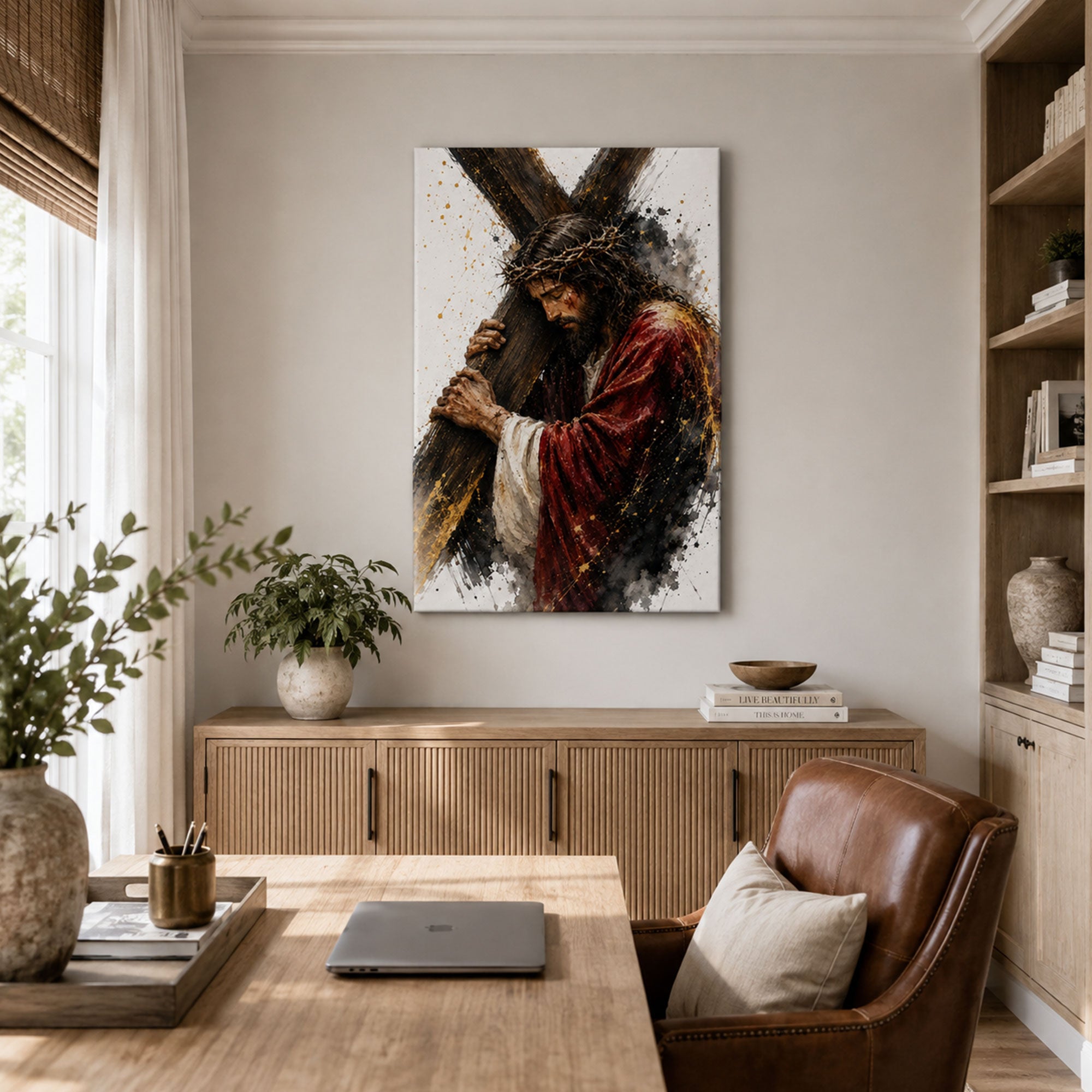 Jesus Carrying the Cross Canvas Print, Crown of Thorns Christian Wall Decor, Catholic Faith Gift