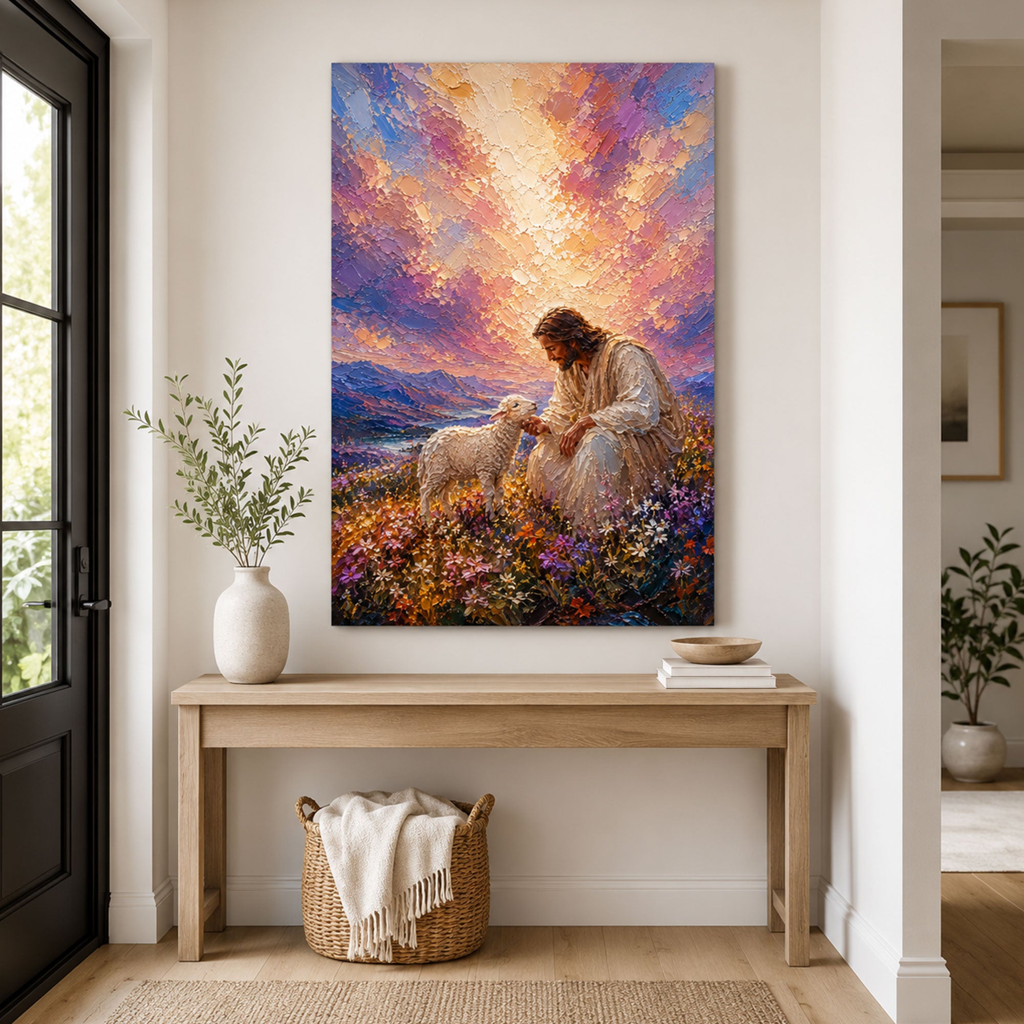 Good Shepherd Jesus Canvas Print, Jesus with Lamb Wall Art, Peaceful Christian Artwork, Religious Home Decor