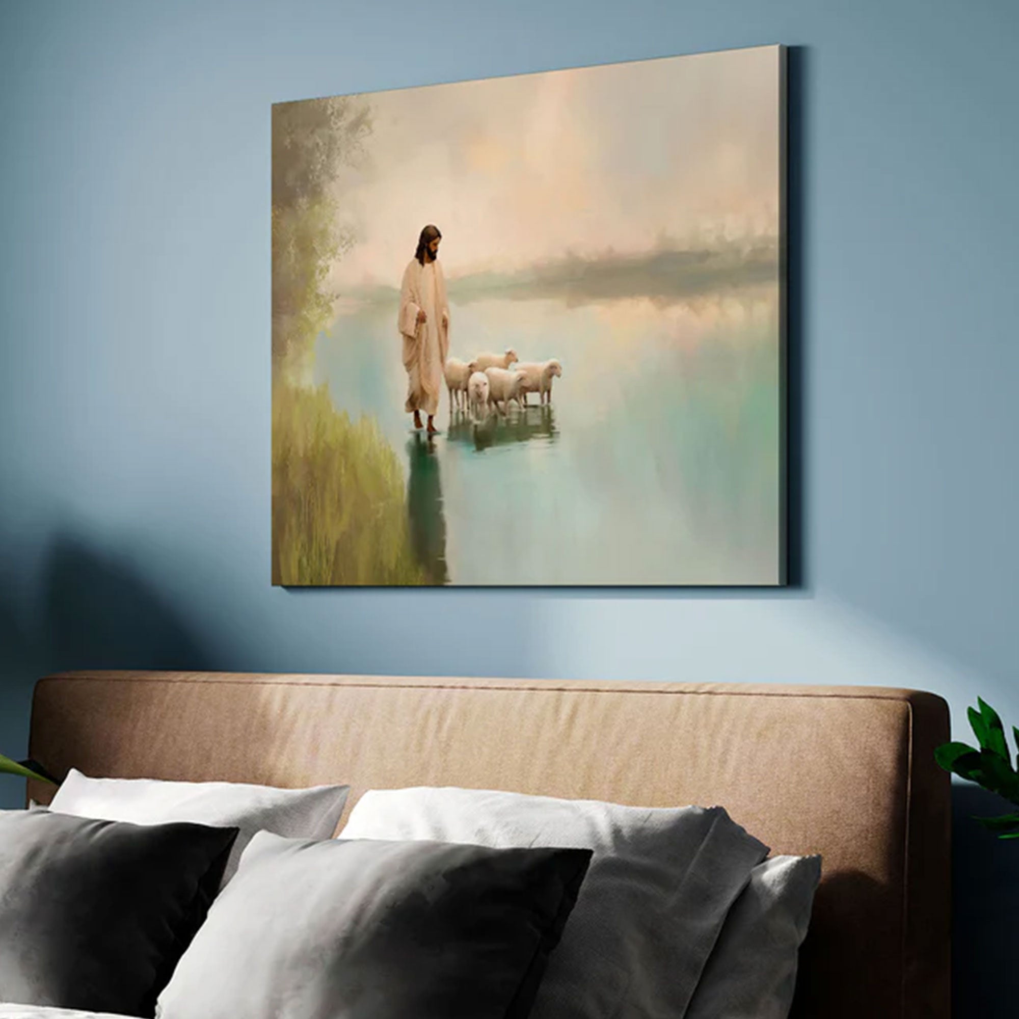 Jesus and the Flock Canvas Print, Minimalist Christian Wall Art, Inspirational Faith Decor, Good Shepherd Artwork