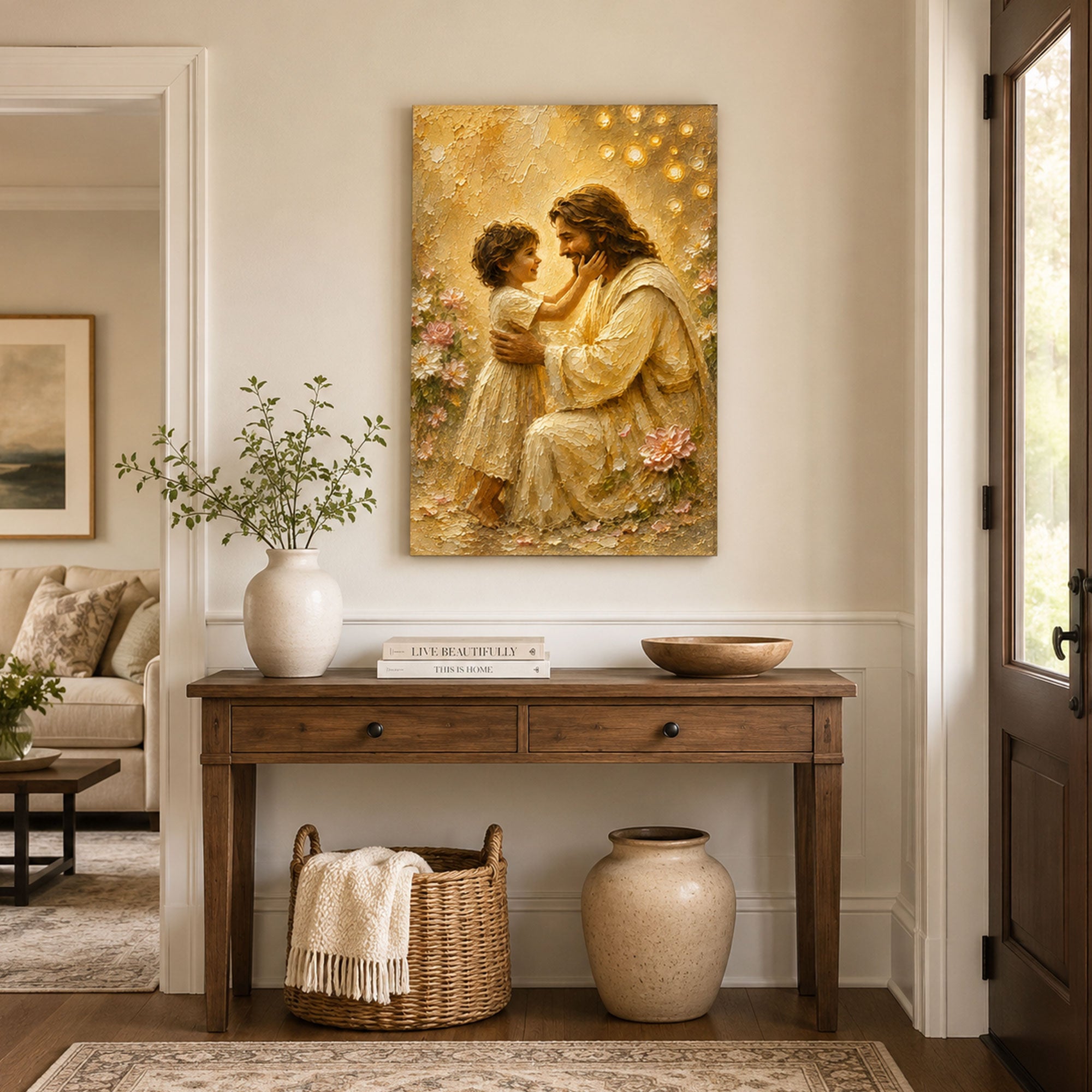 Jesus with Child Canvas Print, Christian Family Wall Art, Warm Golden Faith Home Decor Gift