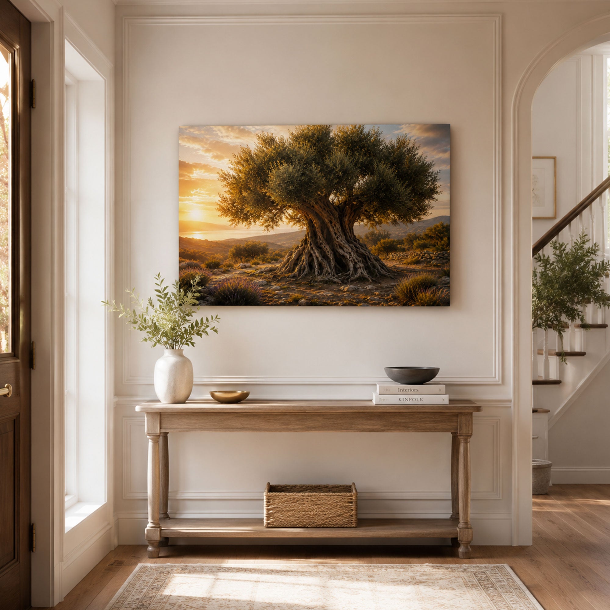 Ancient Olive Tree Canvas Print, Biblical Landscape Christian Wall Art, Golden Sunset Faith Home Decor Gift