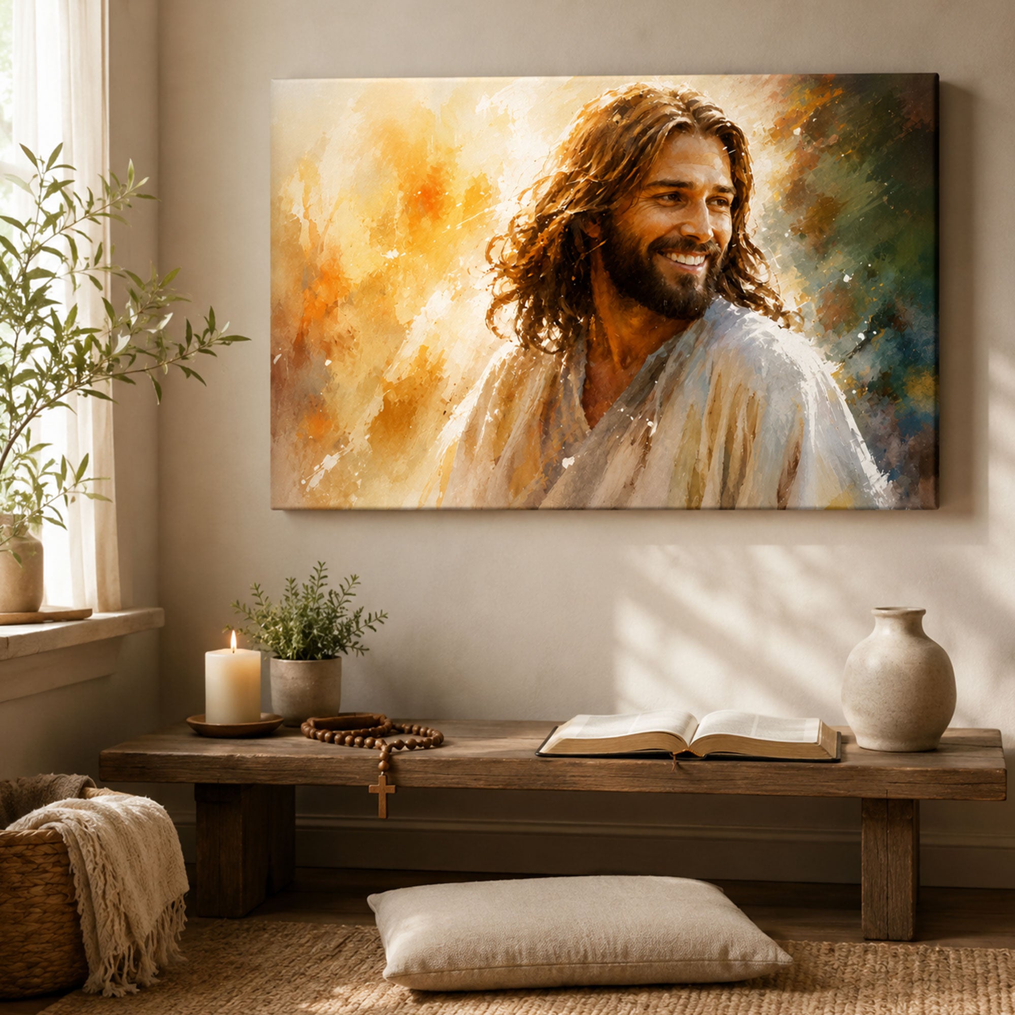 Smiling Jesus Portrait Canvas Print, Joyful Christian Wall Art, Peaceful Faith Home Decor