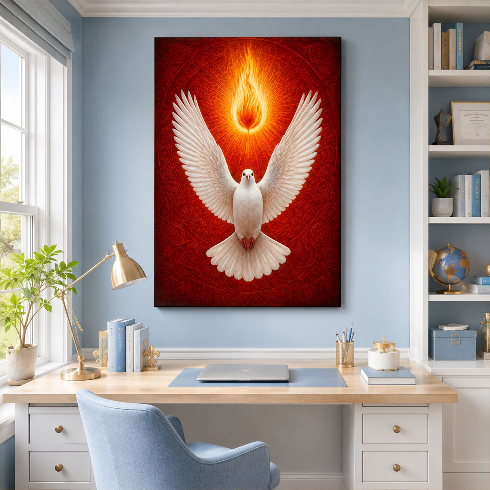 Holy Spirit Fire Dove Canvas Print, Pentecost Christian Wall Art, Divine Flame Faith Decor