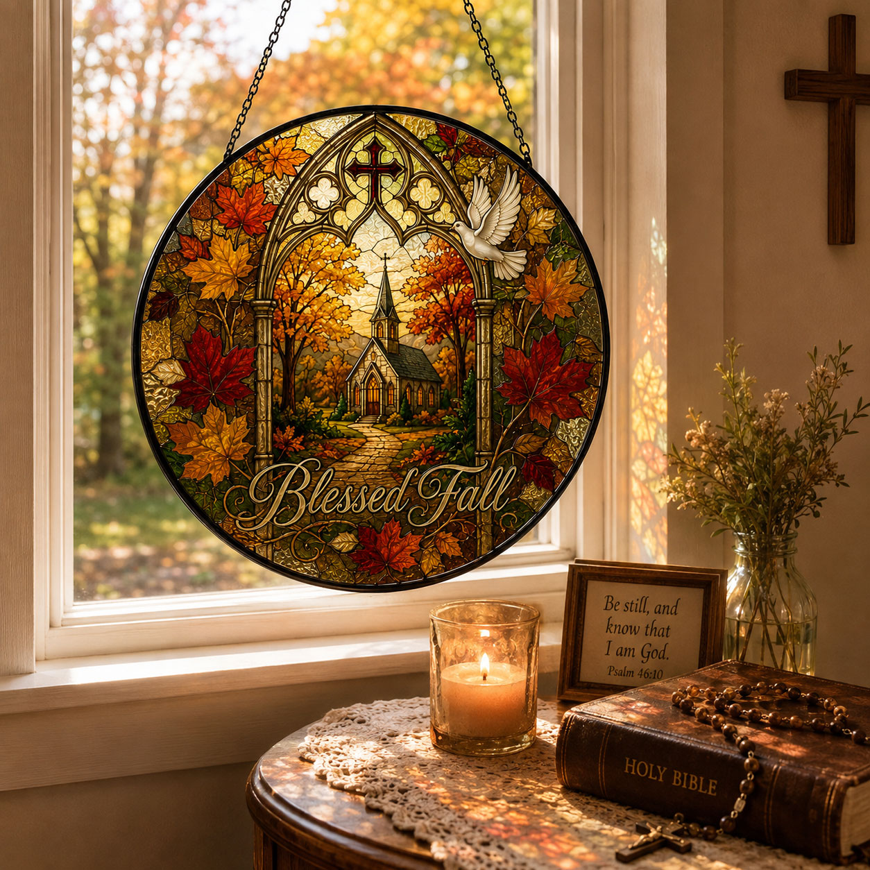 Blessed Fall Church Suncatcher, Autumn Leaves Christian Window Hanging, Faith Home Decor