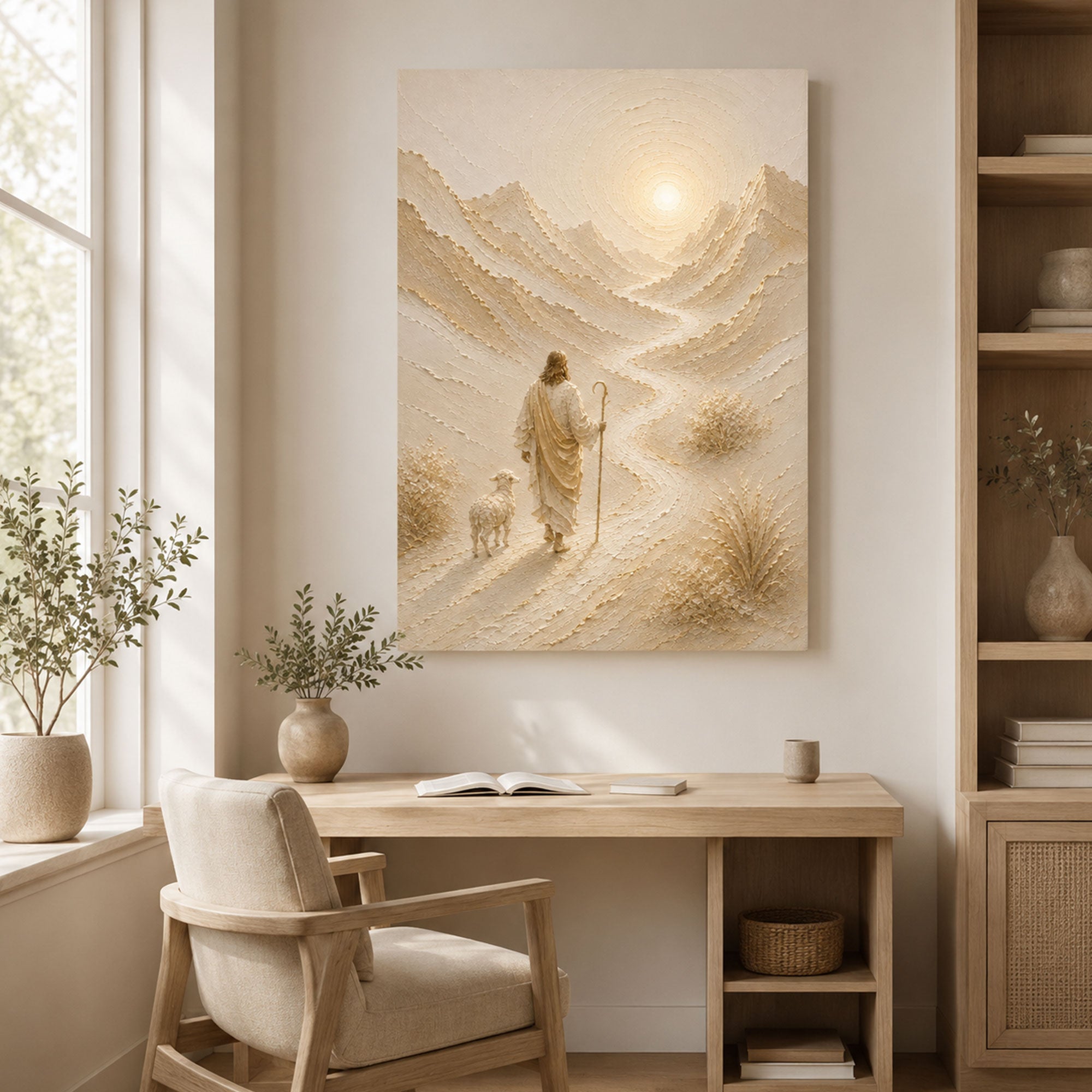 Jesus the Good Shepherd Canvas Print, Soft Neutral Christian Decor
