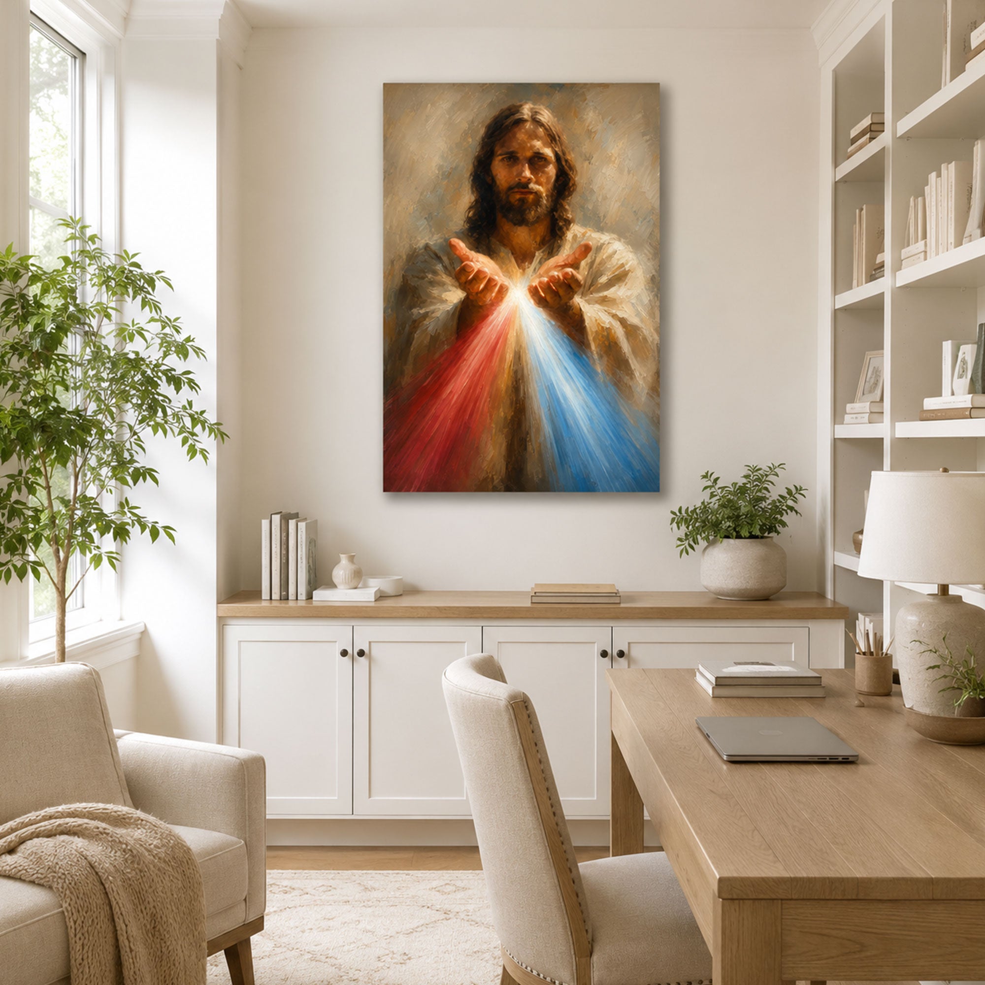 Divine Mercy Jesus Canvas Print, Red and Blue Rays Catholic Wall Decor, Christian Faith Gift