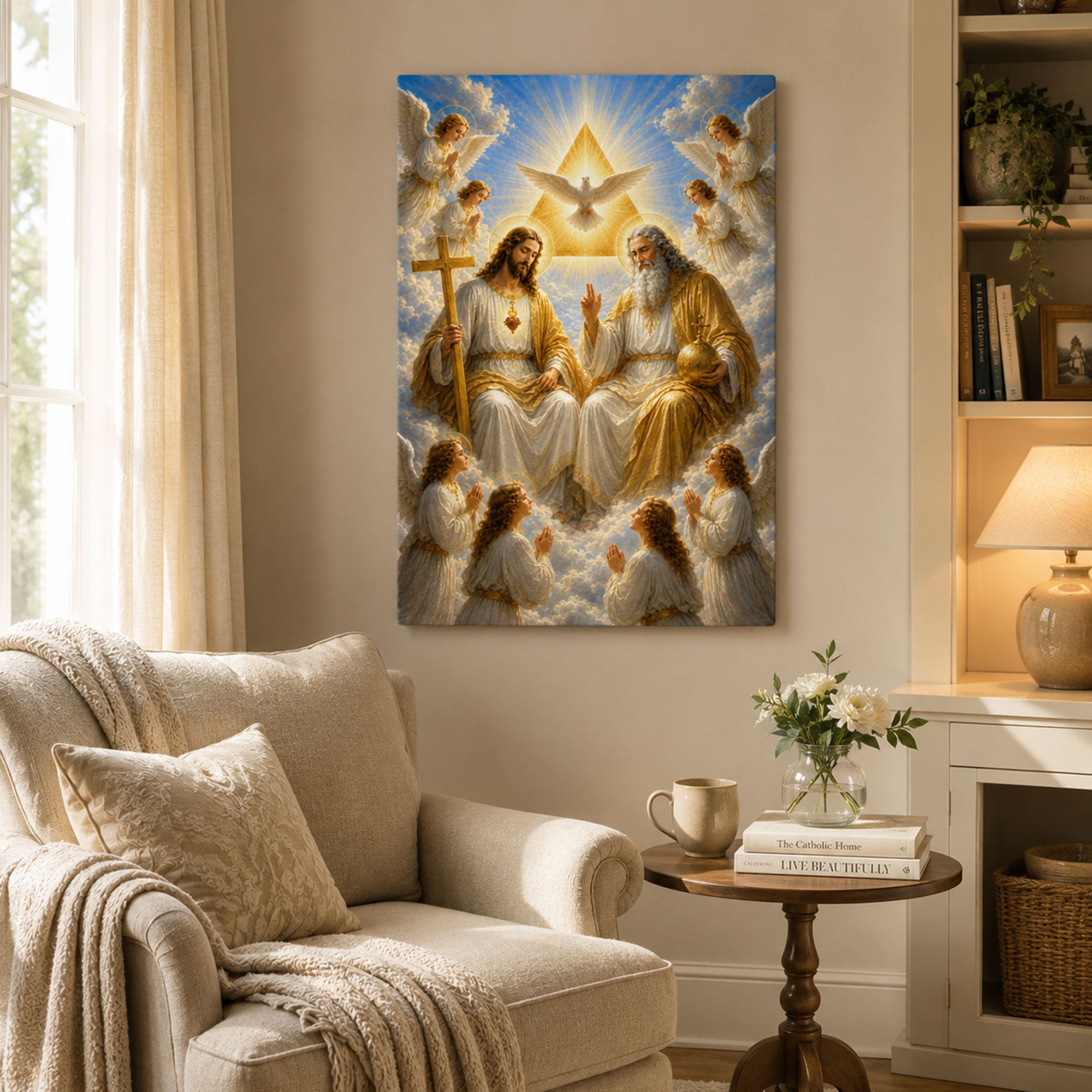 Holy Trinity with Angels Canvas Print, Catholic Christian Wall Art, Heavenly Faith Home Decor Gift