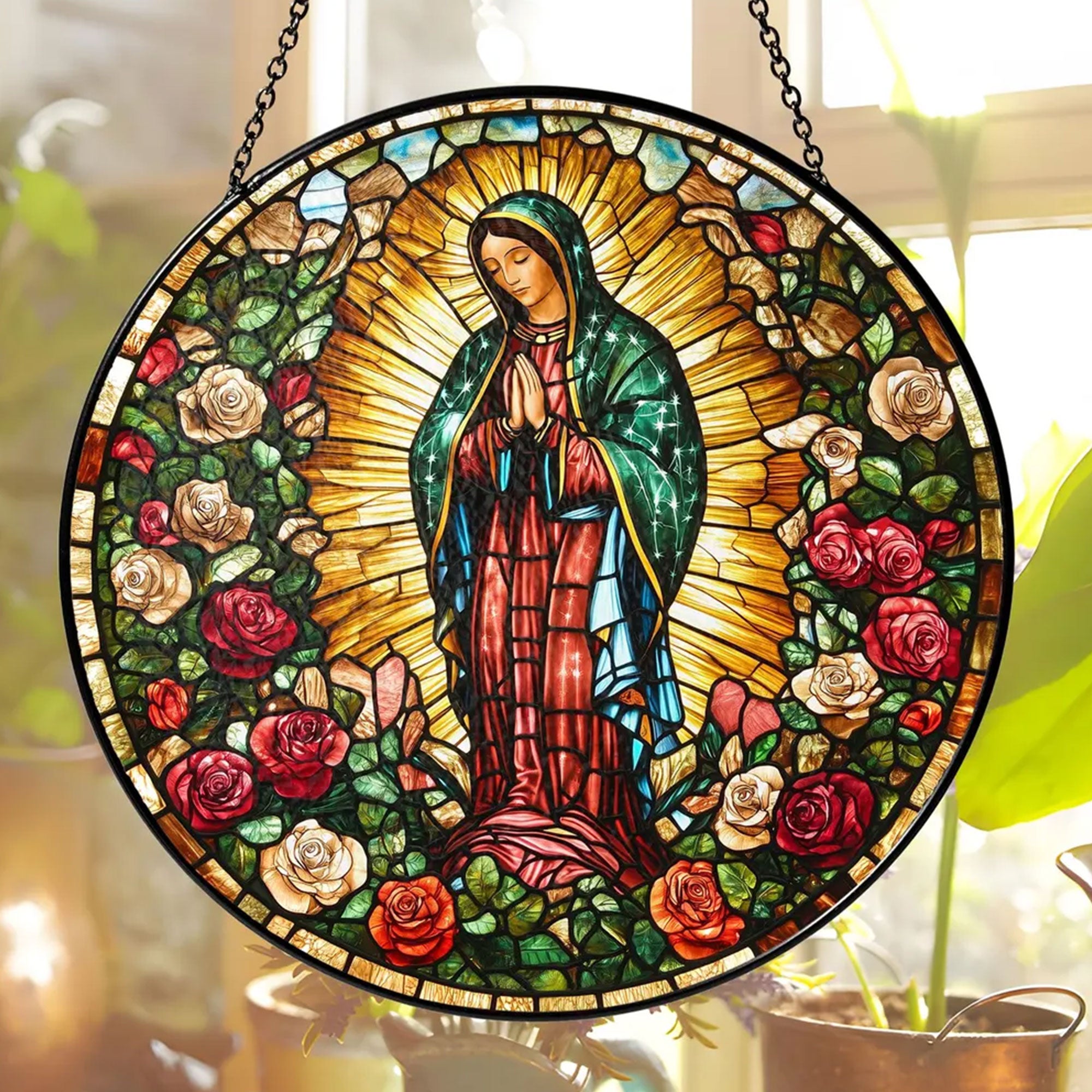 Our Lady of Guadalupe Stained Glass Suncatcher, Virgin Mary Catholic Window Hanging, Religious Faith Gift, Christian Home Decor