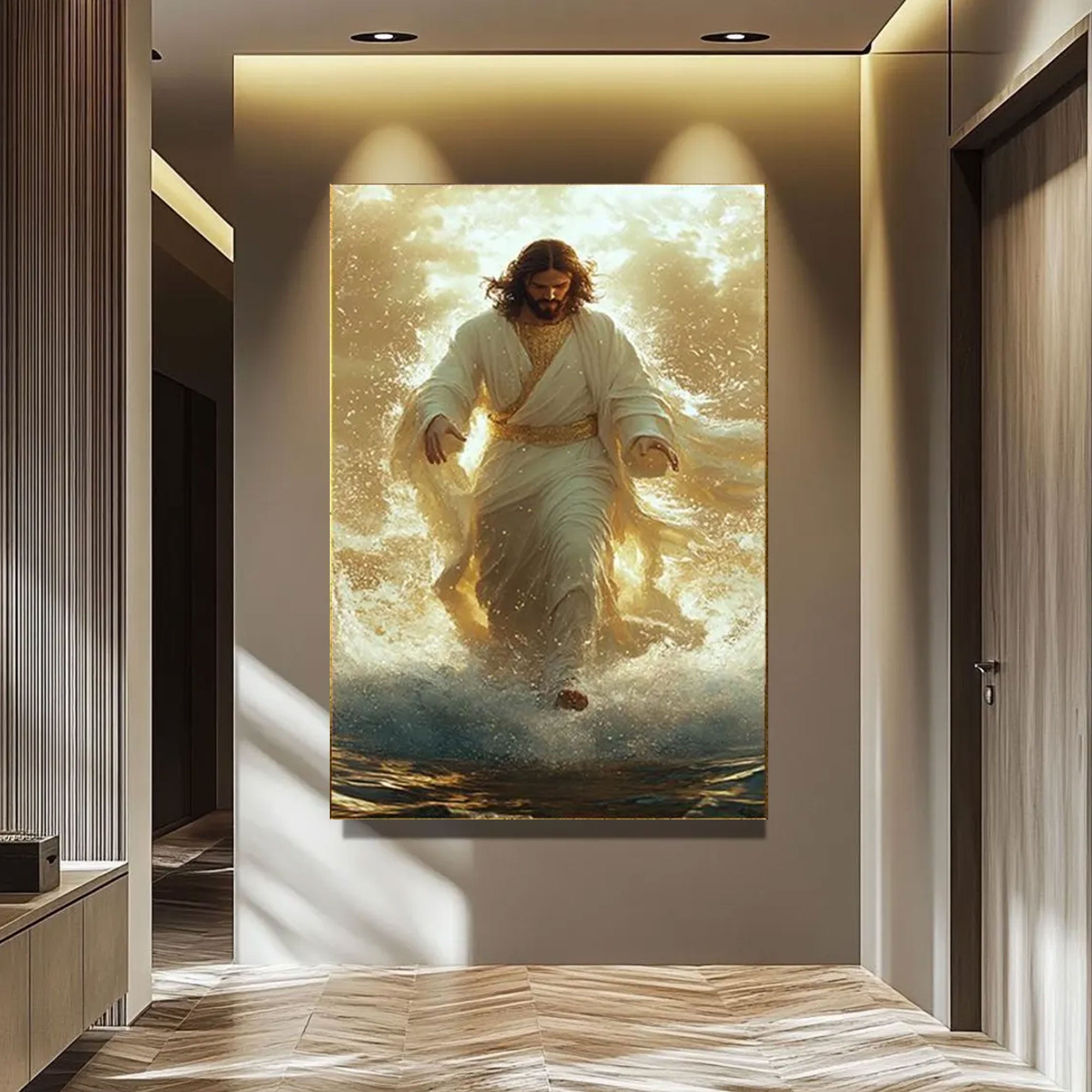 Jesus Walking on Water Canvas Print, Christian Wall Art, Divine Light Faith Decor, Inspirational Religious Gift for Home