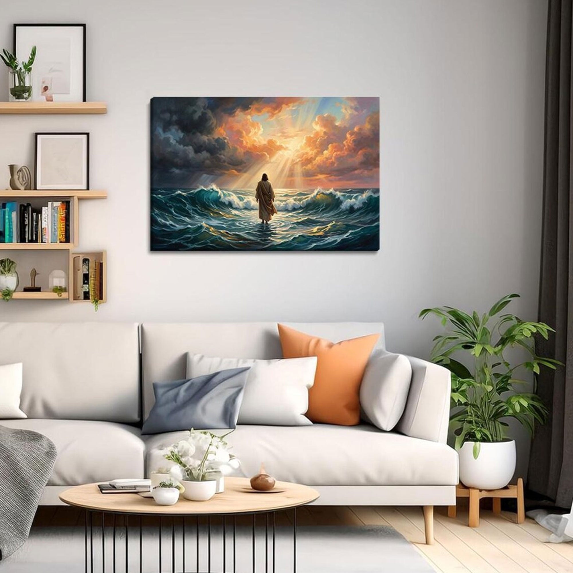 Jesus Walking on Water Canvas Wall Art, Christian Faith Ocean Miracle Decor, Inspirational Religious Artwork