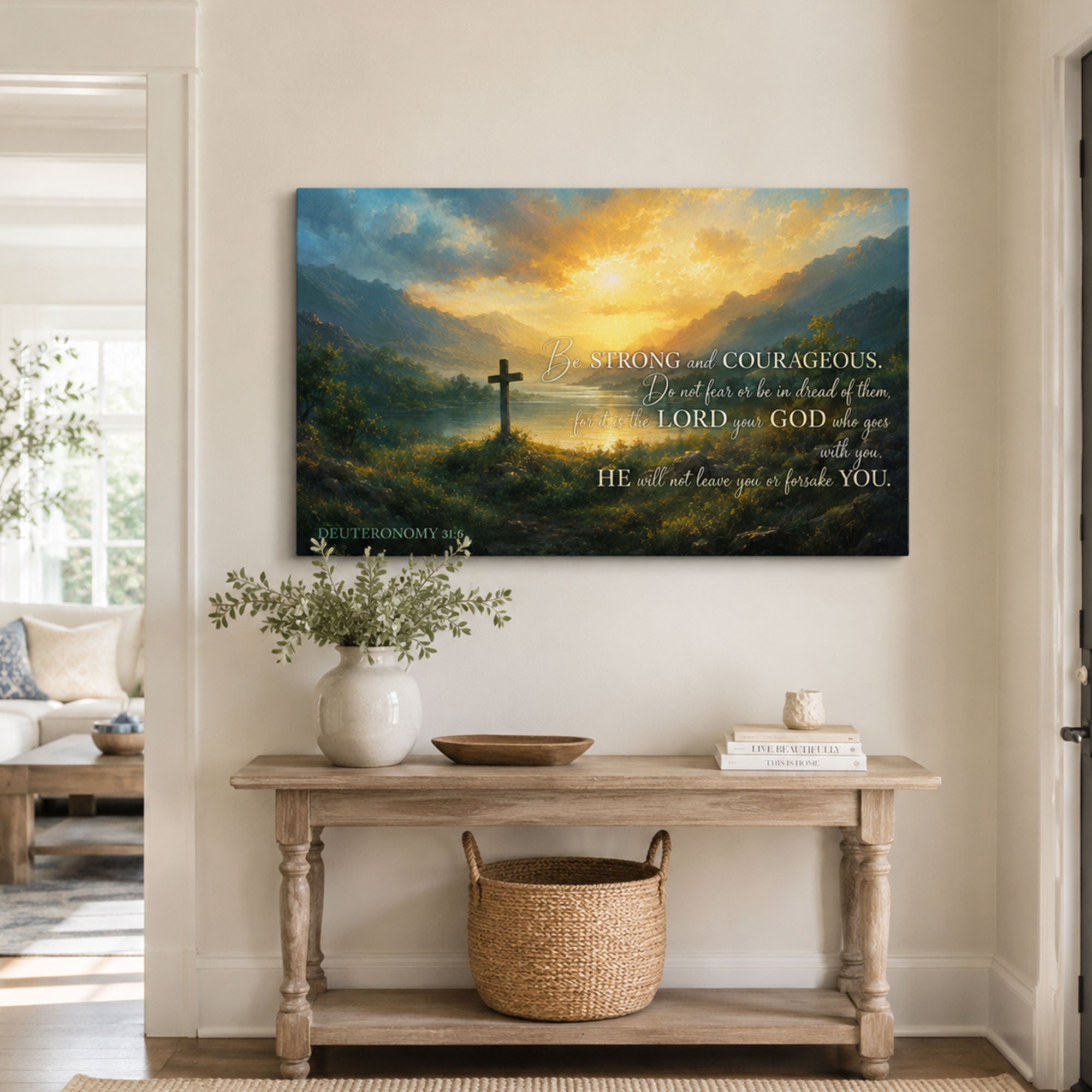 Be Strong and Courageous Deuteronomy 31:6 Canvas Print, Cross Sunrise Scripture Decor