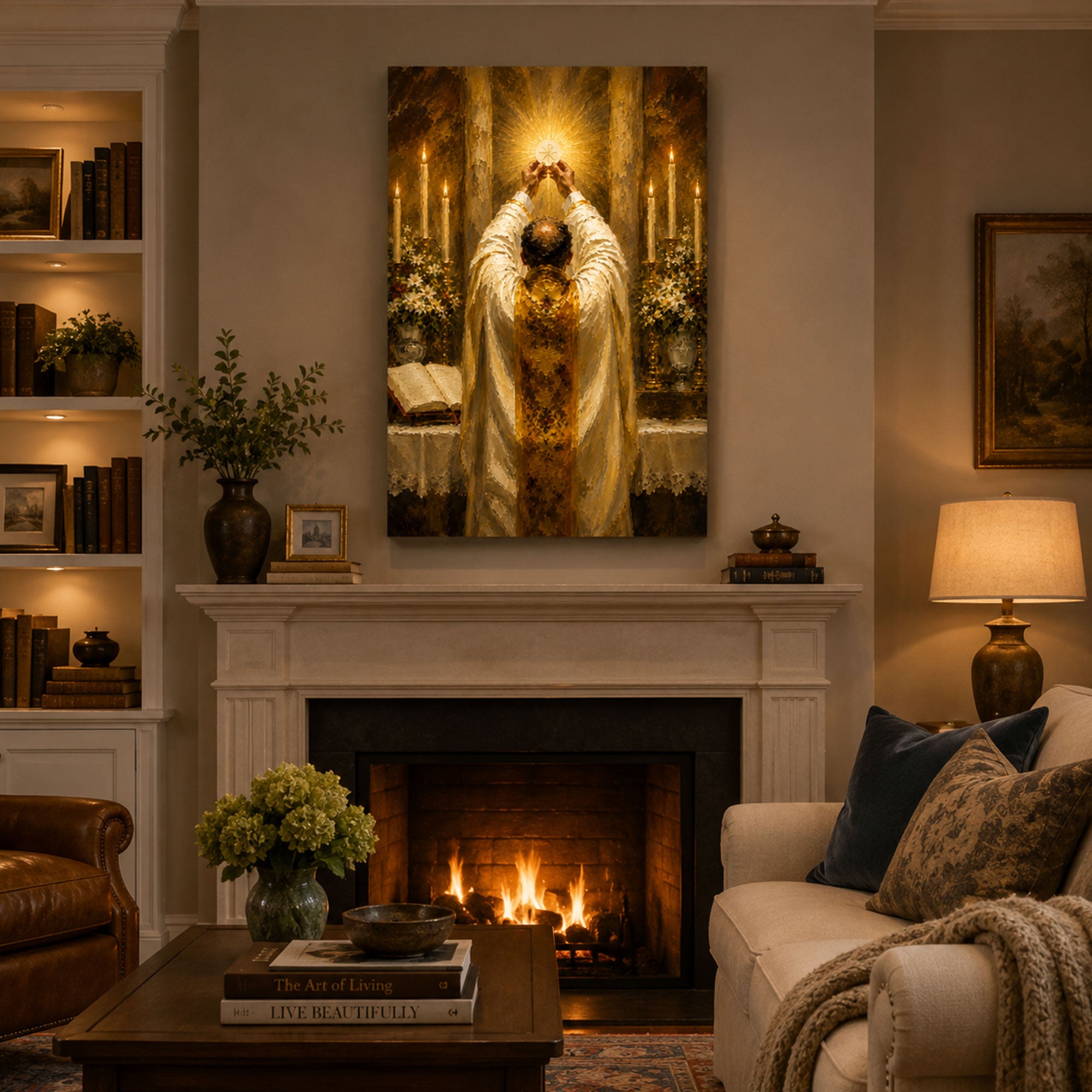 Holy Eucharist Canvas Print, Catholic Mass Wall Art, Priest Elevating the Host Faith Home Decor Gift