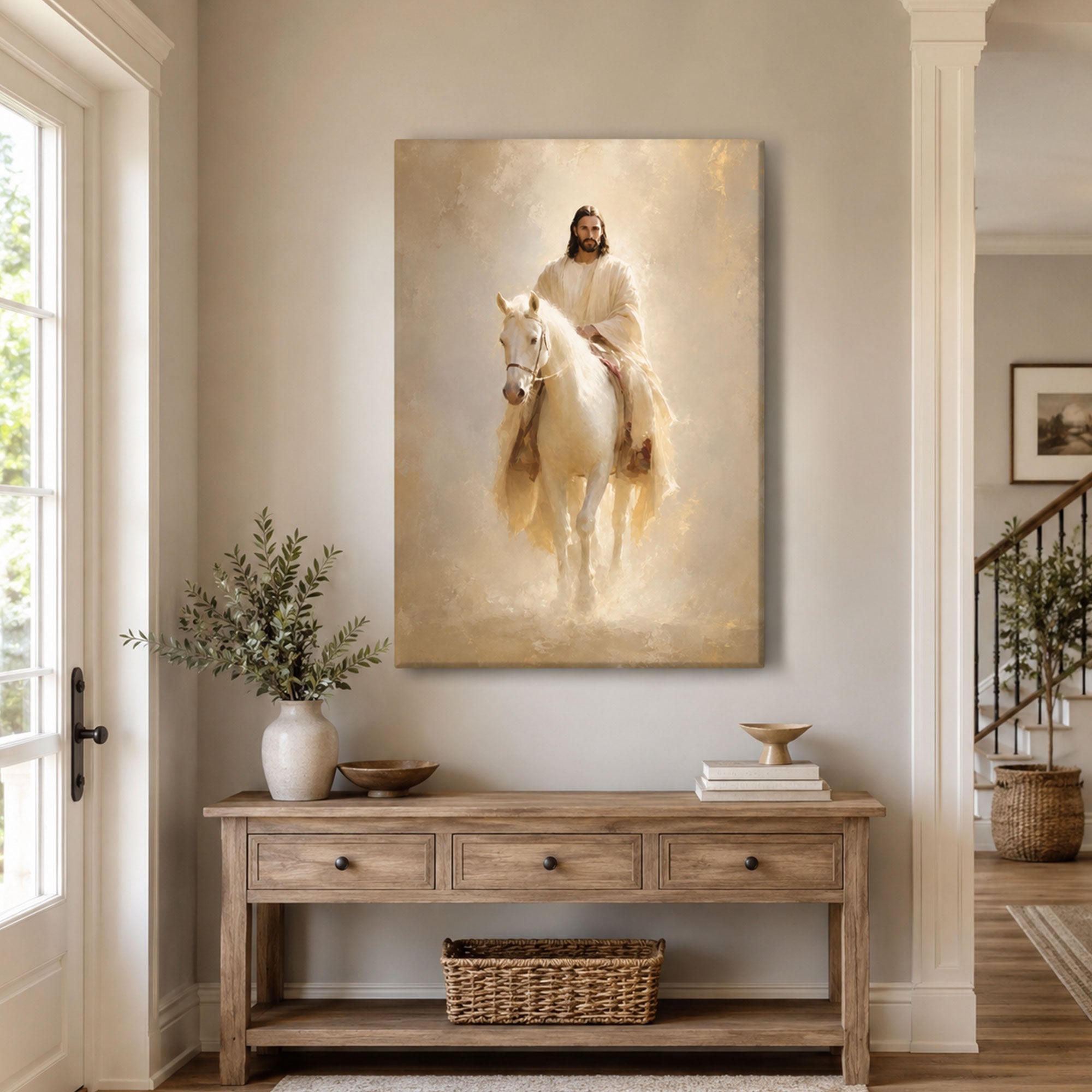 Jesus on White Horse Canvas Print, Second Coming Christian Wall Art, White and Gold Faith Home Decor Gift