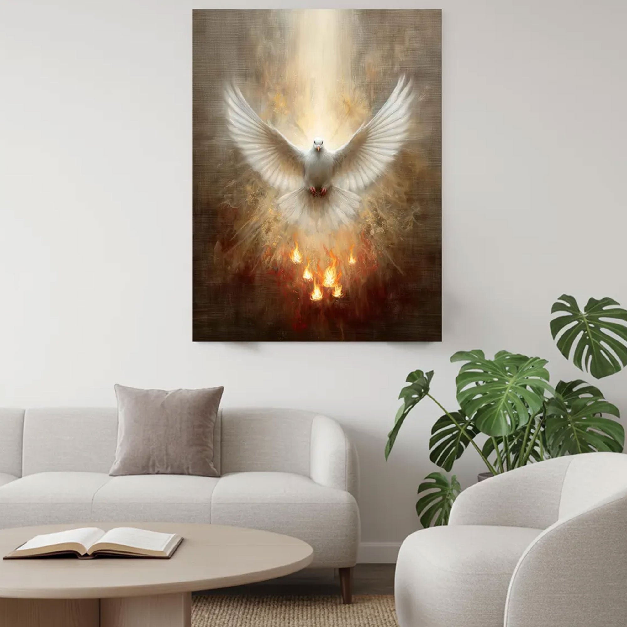 Holy Spirit Dove Canvas Print, Pentecost Fire Christian Wall Art, Religious Faith Decor, Sacred Spiritual Artwork