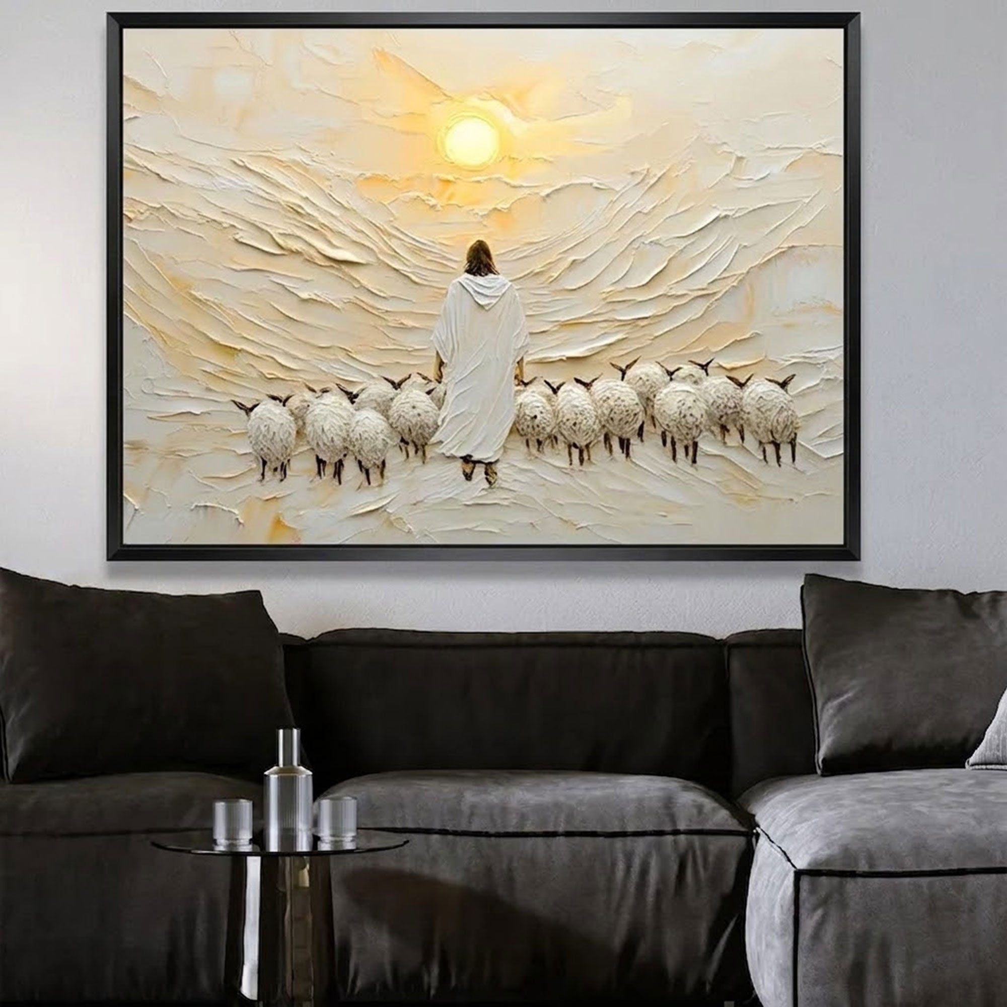 Spiritual Shepherd with Sheep Canvas Print, Jesus Wall Art, Good Shepherd Christian Decor, Religious Home Decor, Inspirational Faith Gift