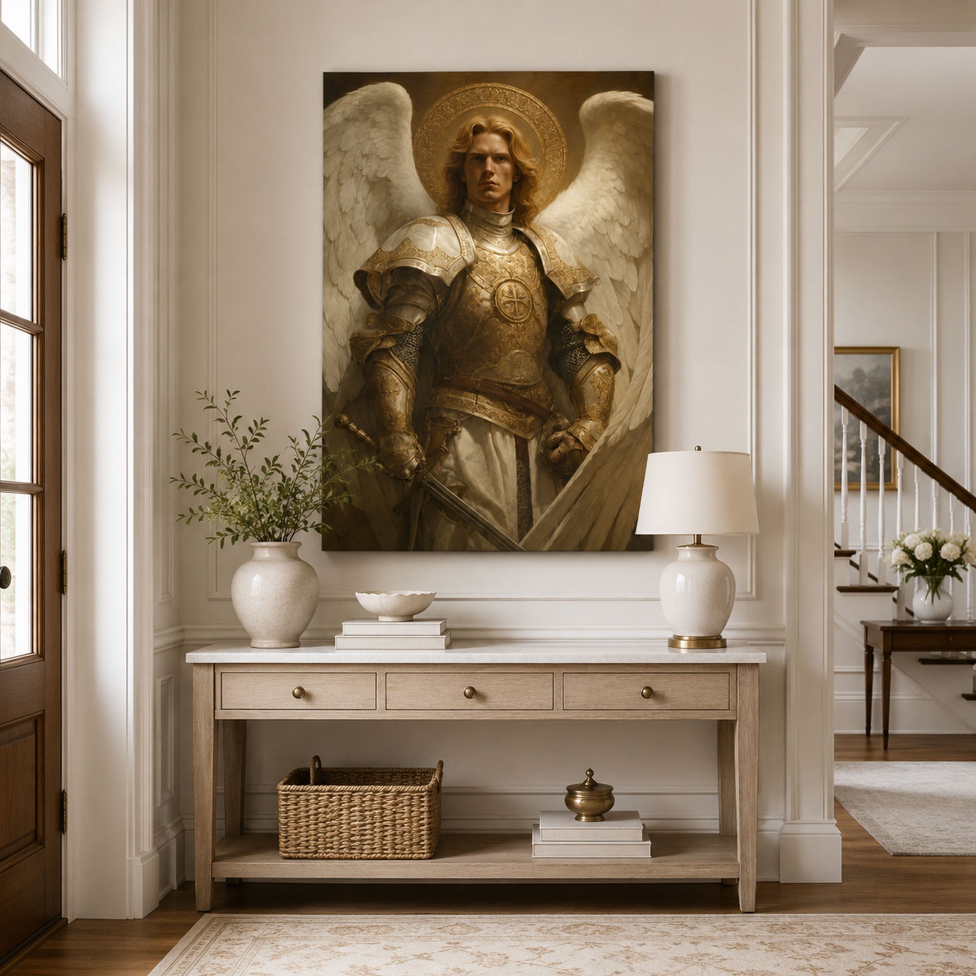 Saint Michael with Cross Breastplate Canvas Print, Bronze Catholic Angel Art