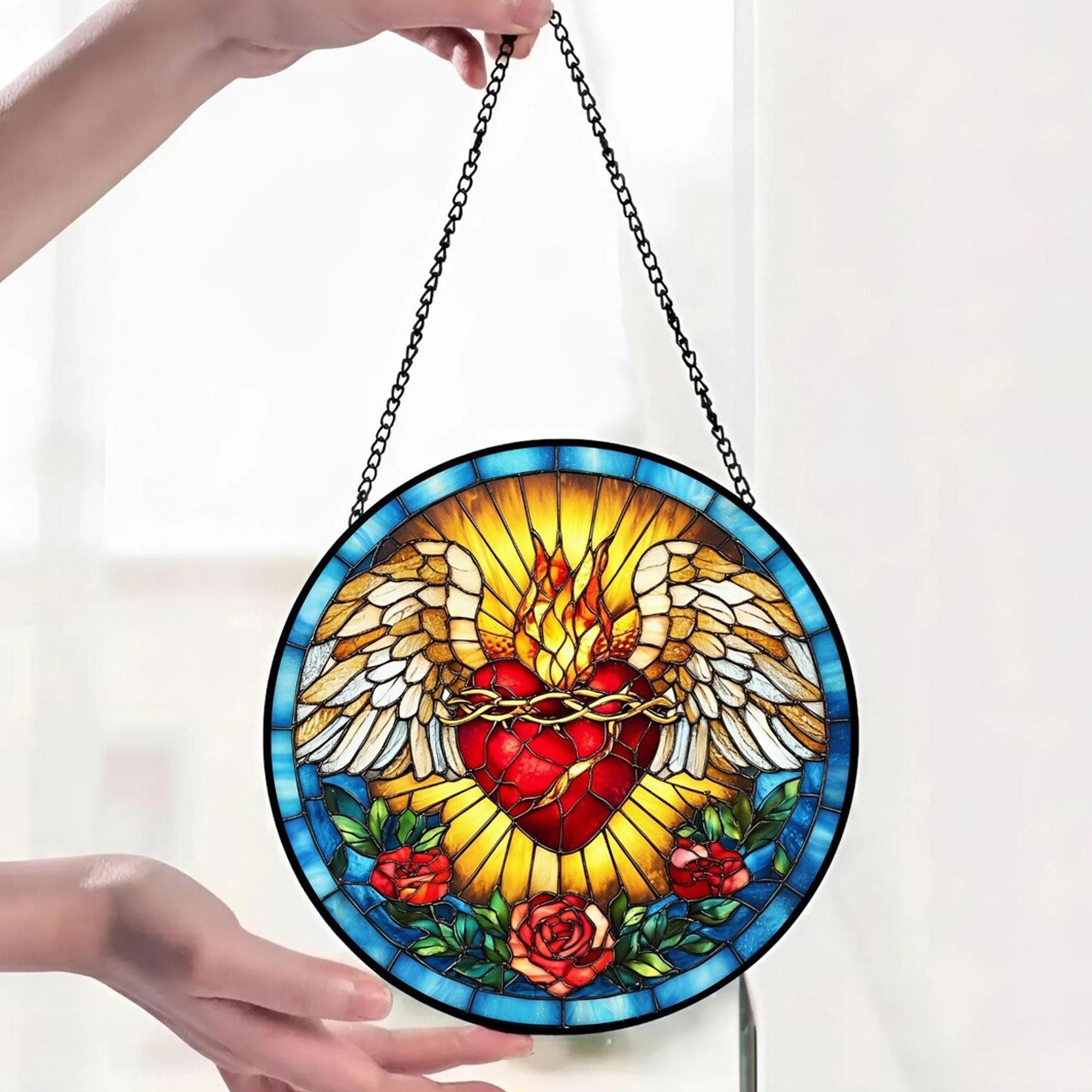 Sacred Heart of Jesus Stained Glass Suncatcher, Catholic Window Hanging Decor, Christian Religious Faith Gift