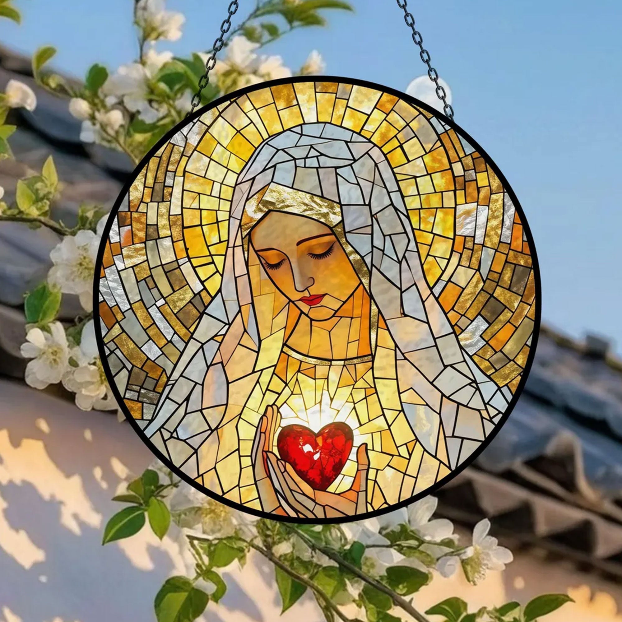 Virgin Mary Stained Glass Suncatcher, Catholic Window Hanging, Divine Mother Gift for Mom