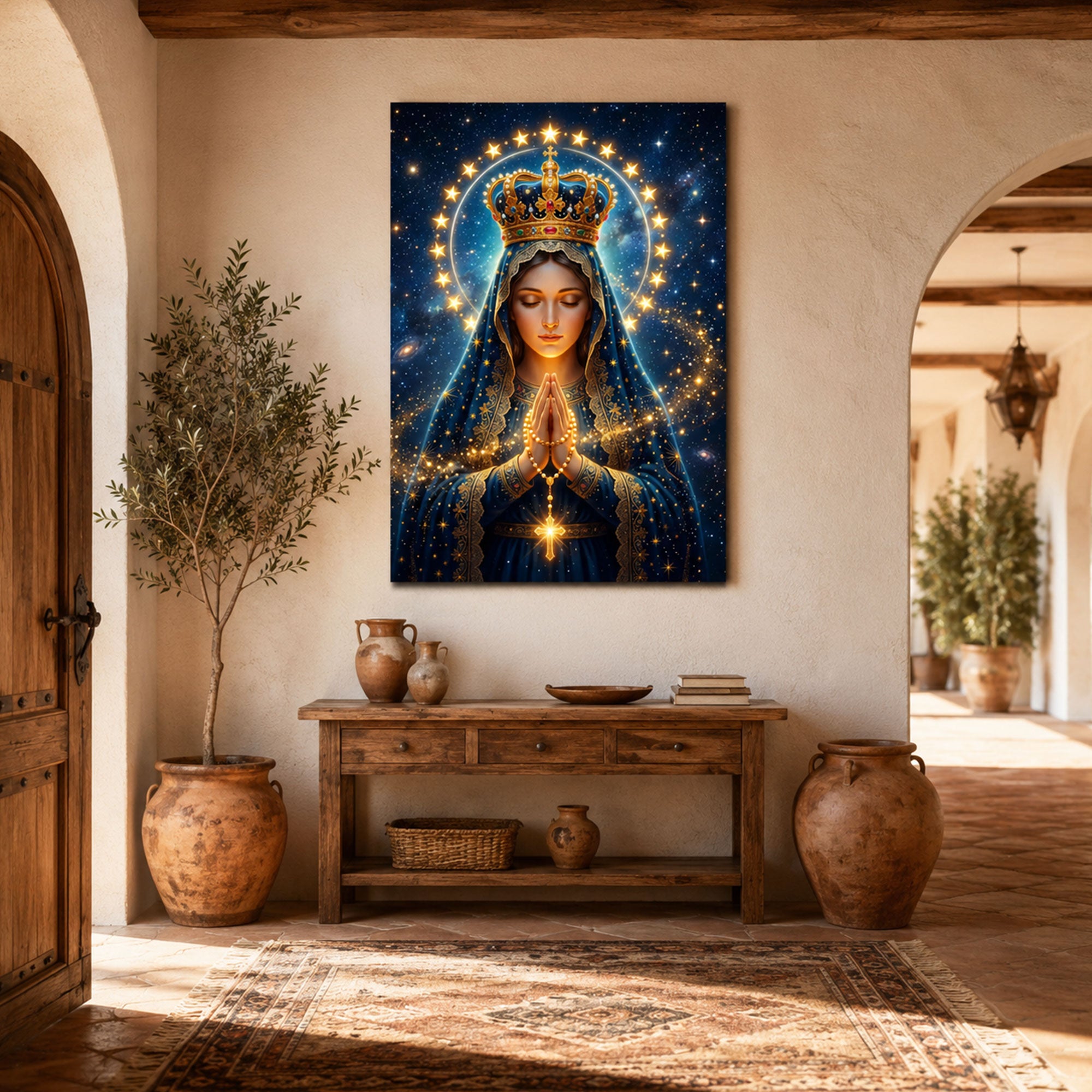 Queen of Heaven Virgin Mary Canvas Print, Celestial Catholic Wall Art, Crowned Madonna Faith Decor, Heavenly Christian Artwork