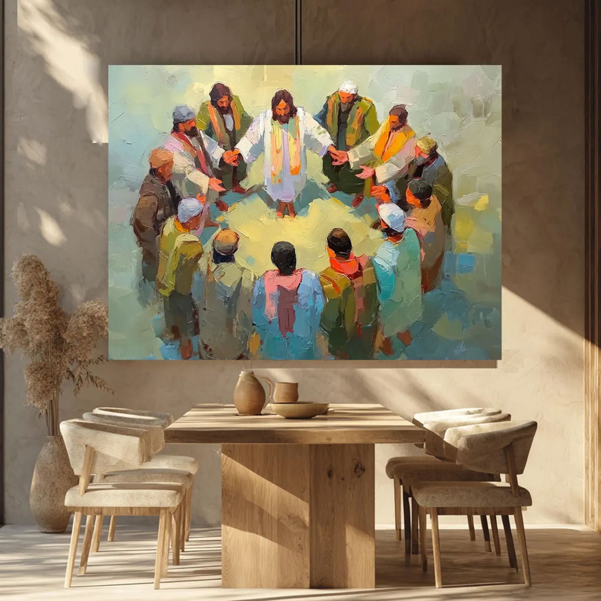 Jesus Praying with Disciples Expressionist Canvas Art, Christian Faith Wall Decor, Spiritual Religious Home Artwork