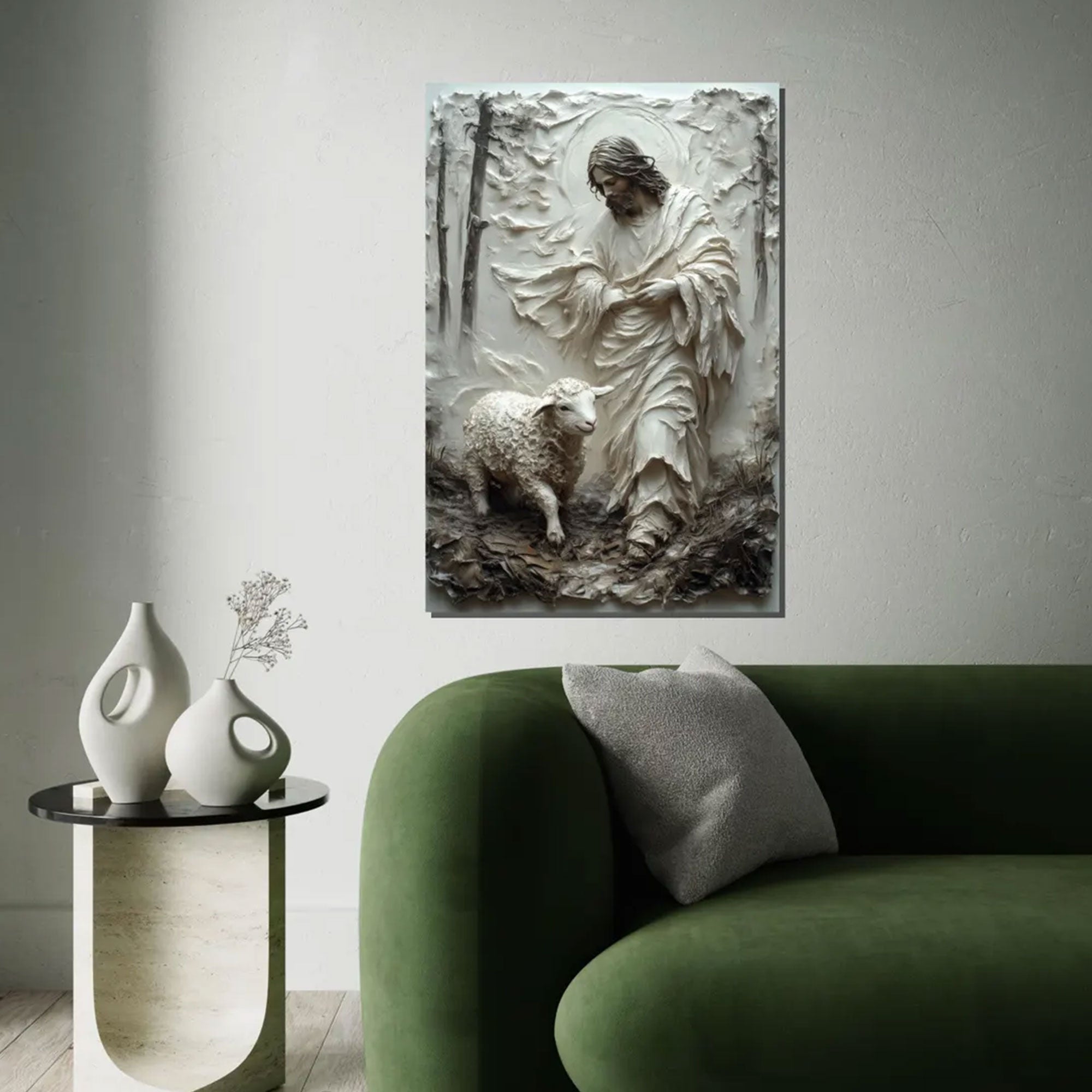 Good Shepherd Canvas Print, 3D Impasto Jesus with Lamb Wall Art, Earthy Neutral Christian Decor, Inspirational Faith Gift, Religious Home Artwork