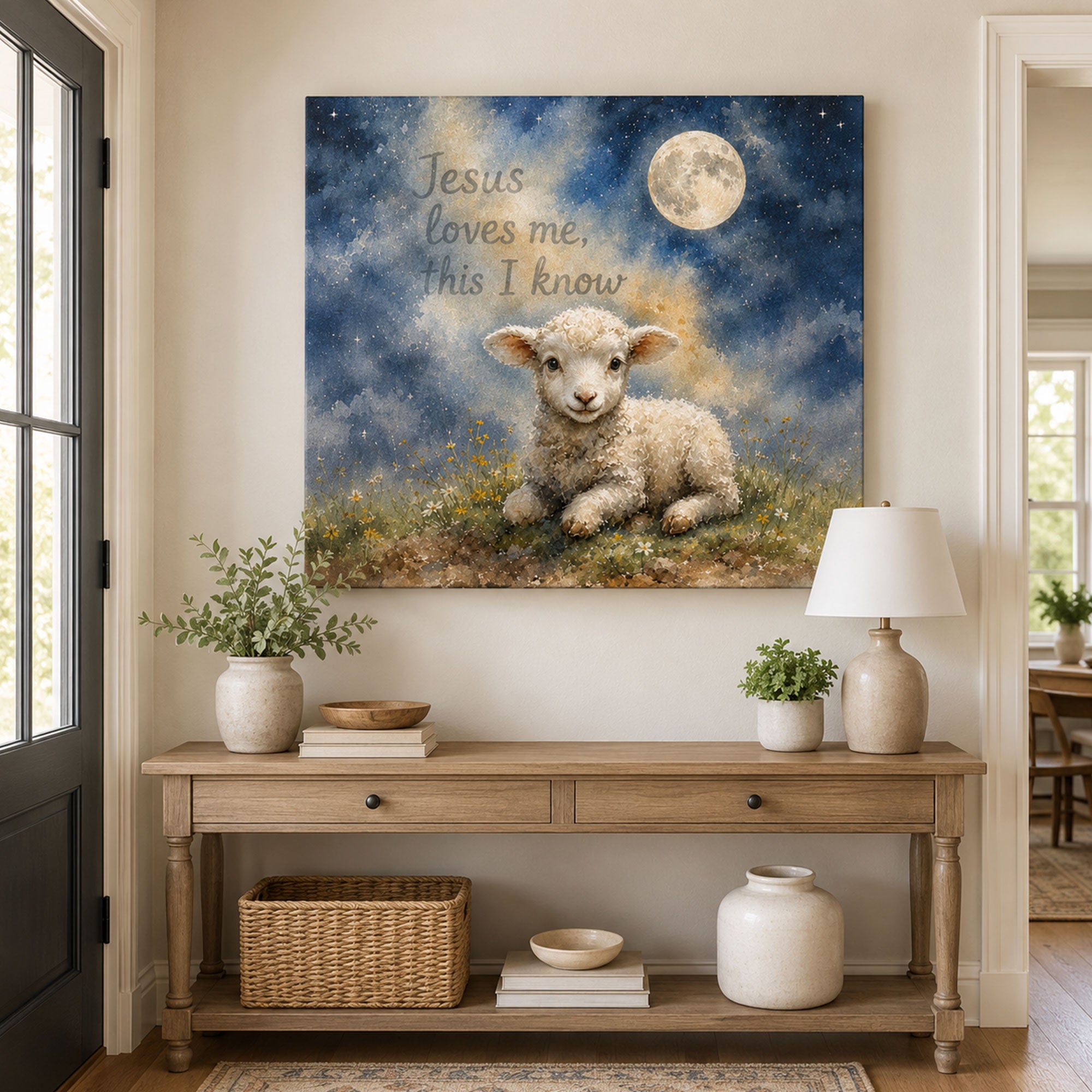 Jesus Loves Me This I Know Canvas Print, Moonlit Lamb Christian Decor