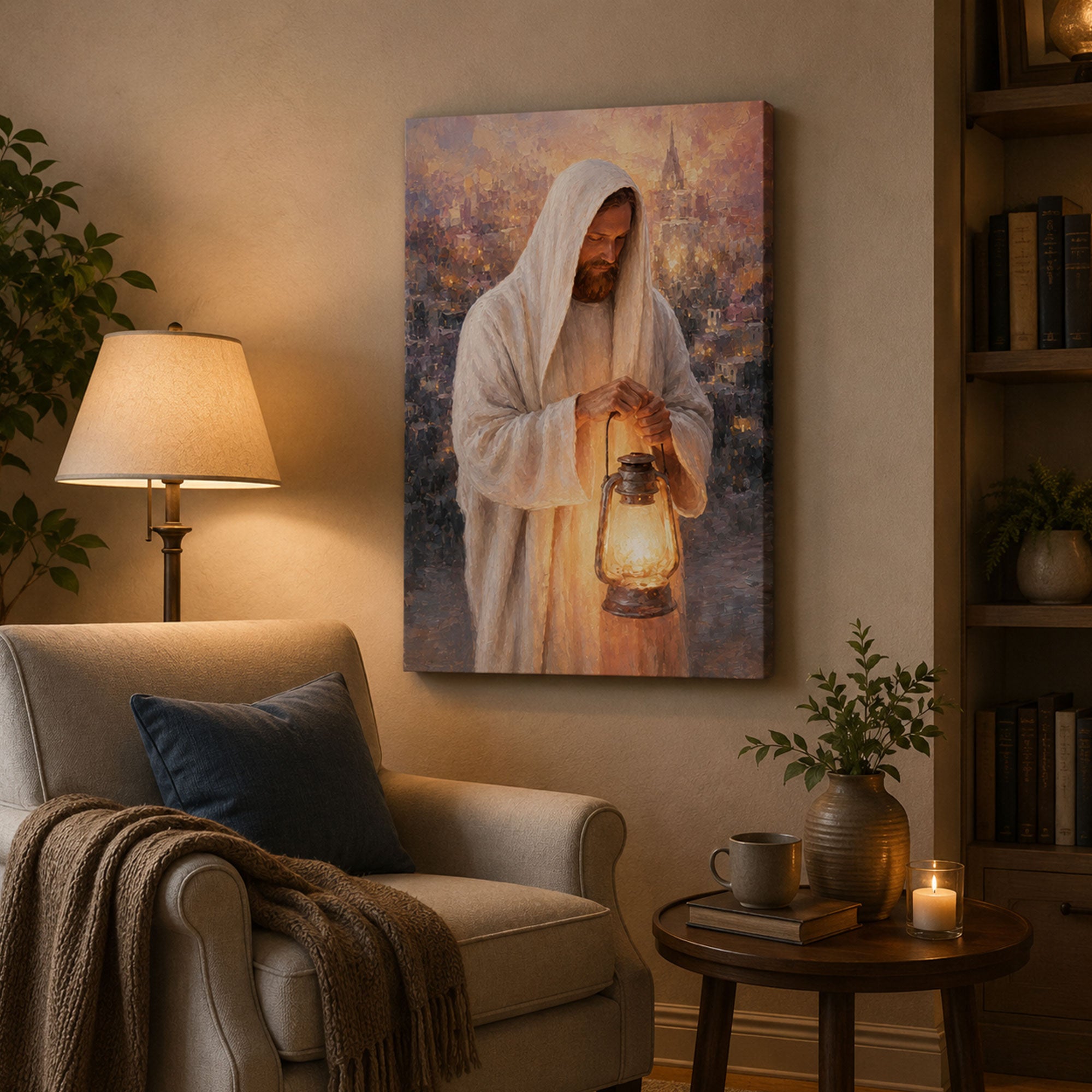Jesus Holding Lantern Canvas Print, Light of the World Christian Wall Art, Faith Home Decor Gift