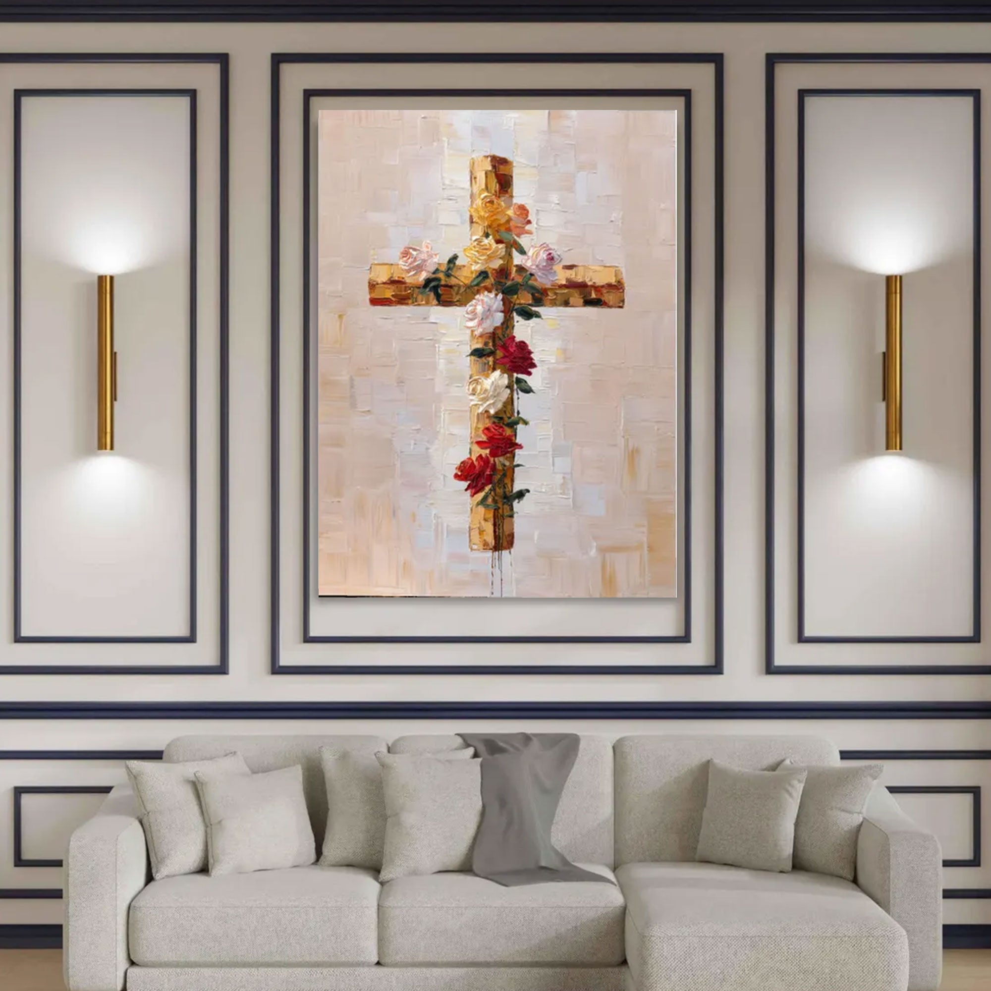 Floral Cross Canvas Print, Rose Christian Wall Art, Religious Faith Decor, Inspirational Spiritual Artwork